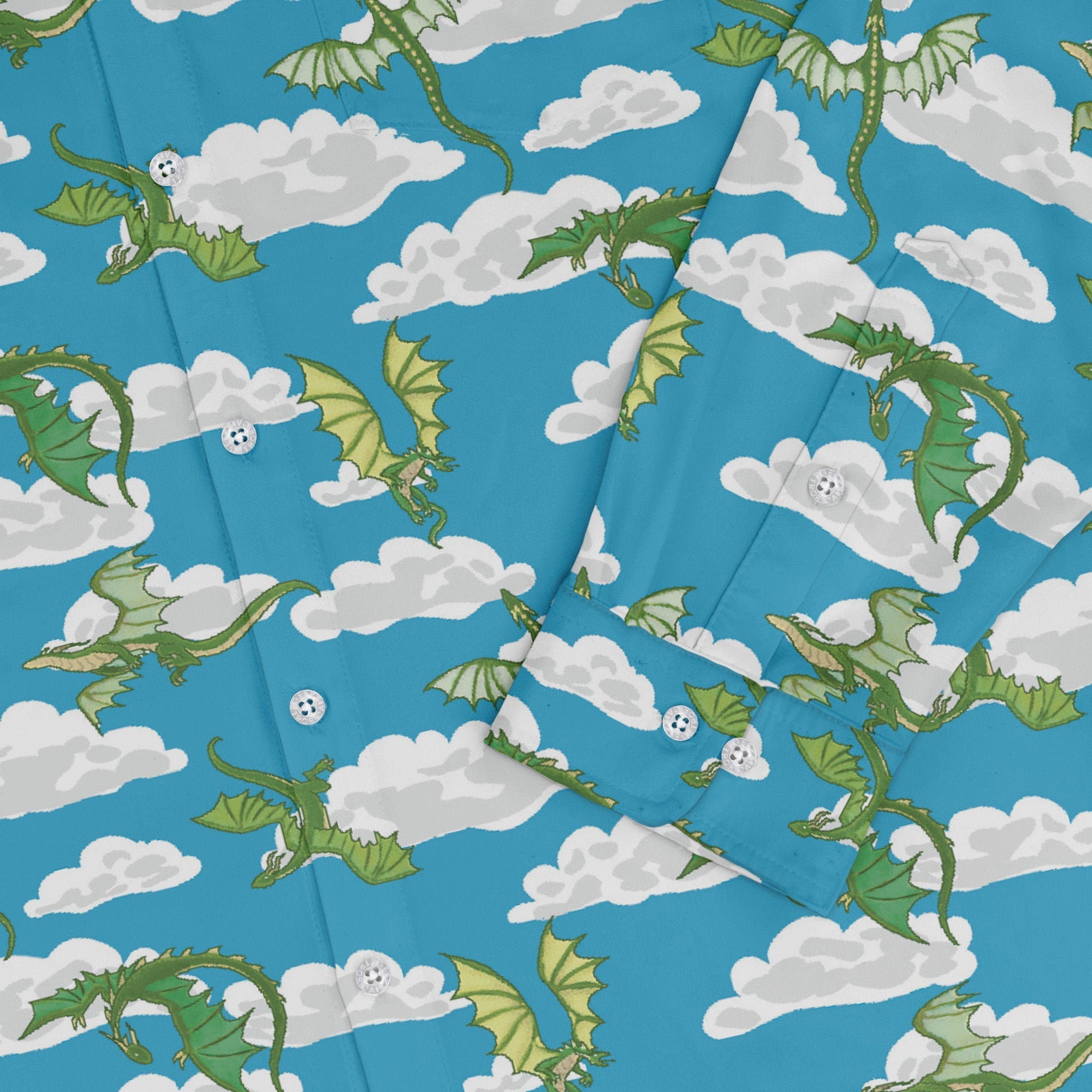 Pixel Dragon Video Game Sky Long Sleeve Button Up Shirt Geek Nerd adult sizing Designs by Nathan fantasy prints