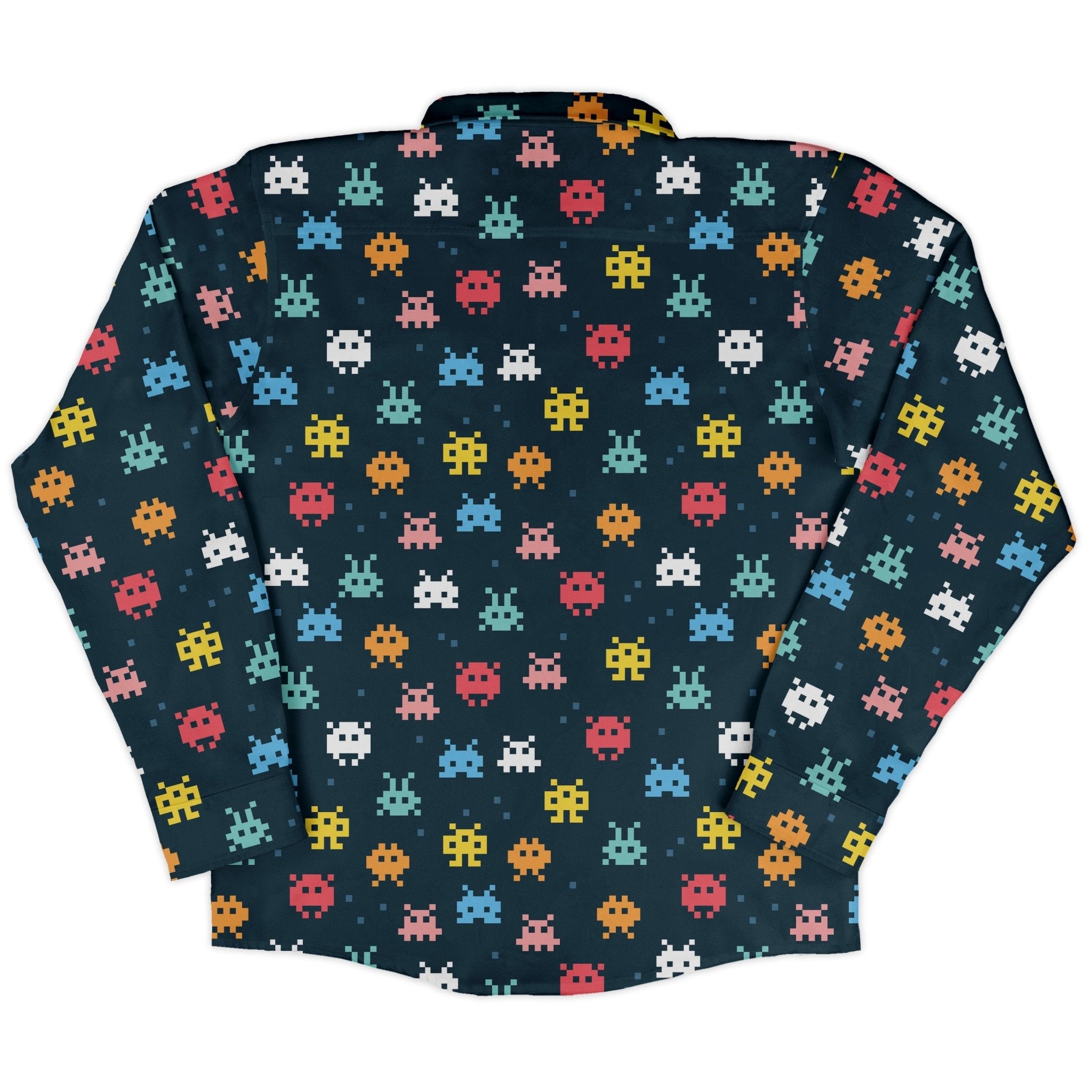 Pixel Monsters Teal Video Game Long Sleeve Button Up Shirt Geek Nerd adult sizing FLOW DESC WRITING video game arcade print