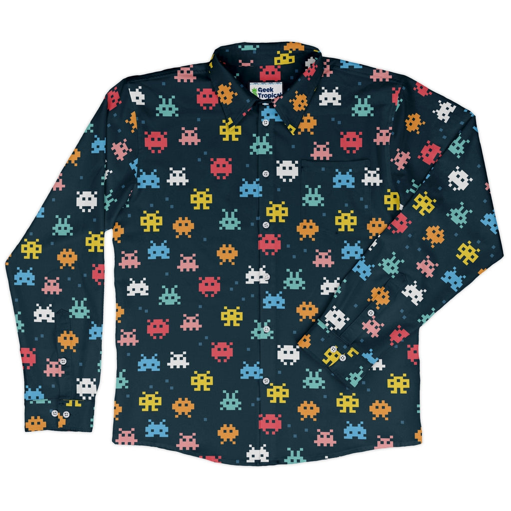 Pixel Monsters Teal Video Game Long Sleeve Button Up Shirt Geek Nerd adult sizing FLOW DESC WRITING video game arcade print