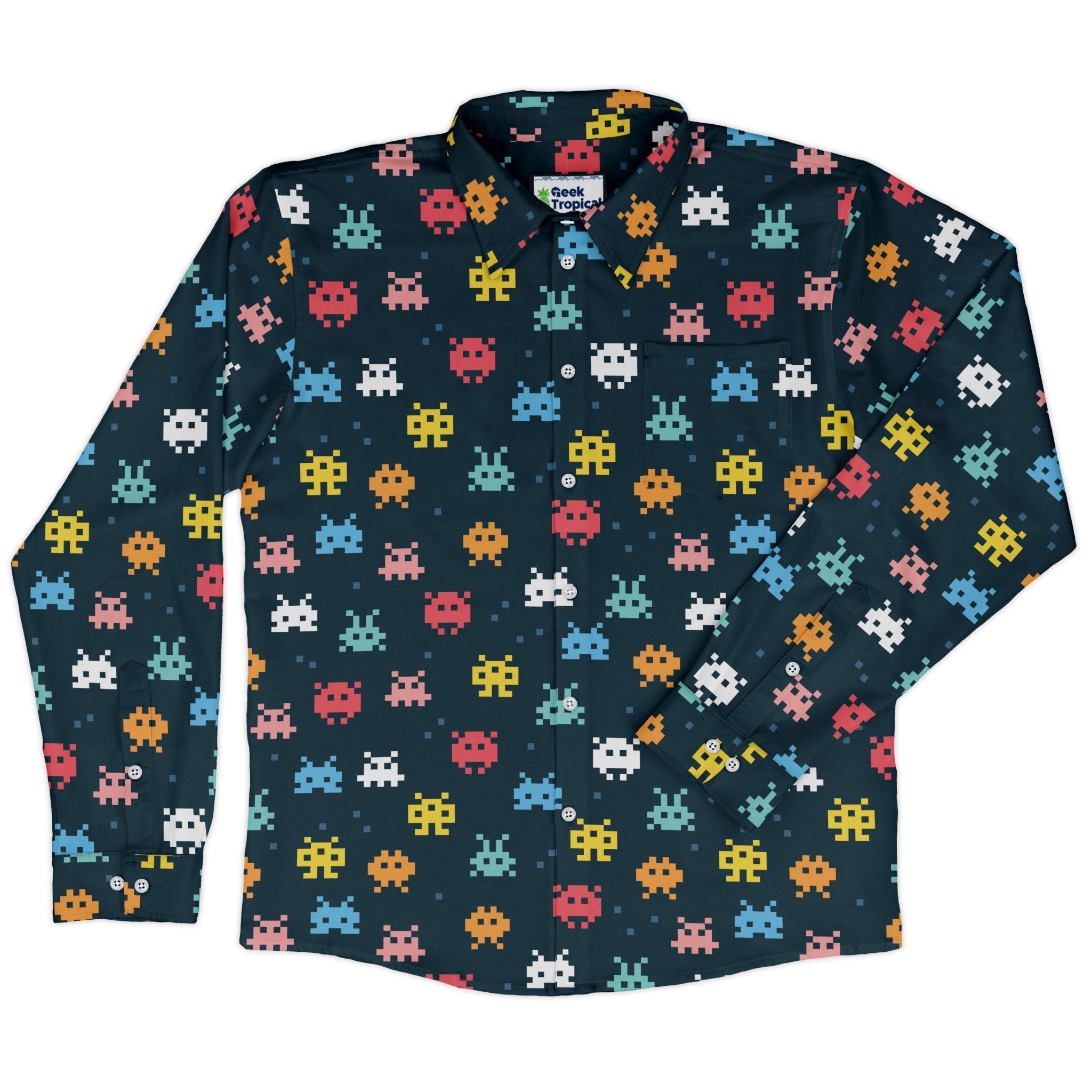 Pixel Monsters Teal Video Game Long Sleeve Button Up Shirt Geek Nerd adult sizing FLOW DESC WRITING video game arcade print
