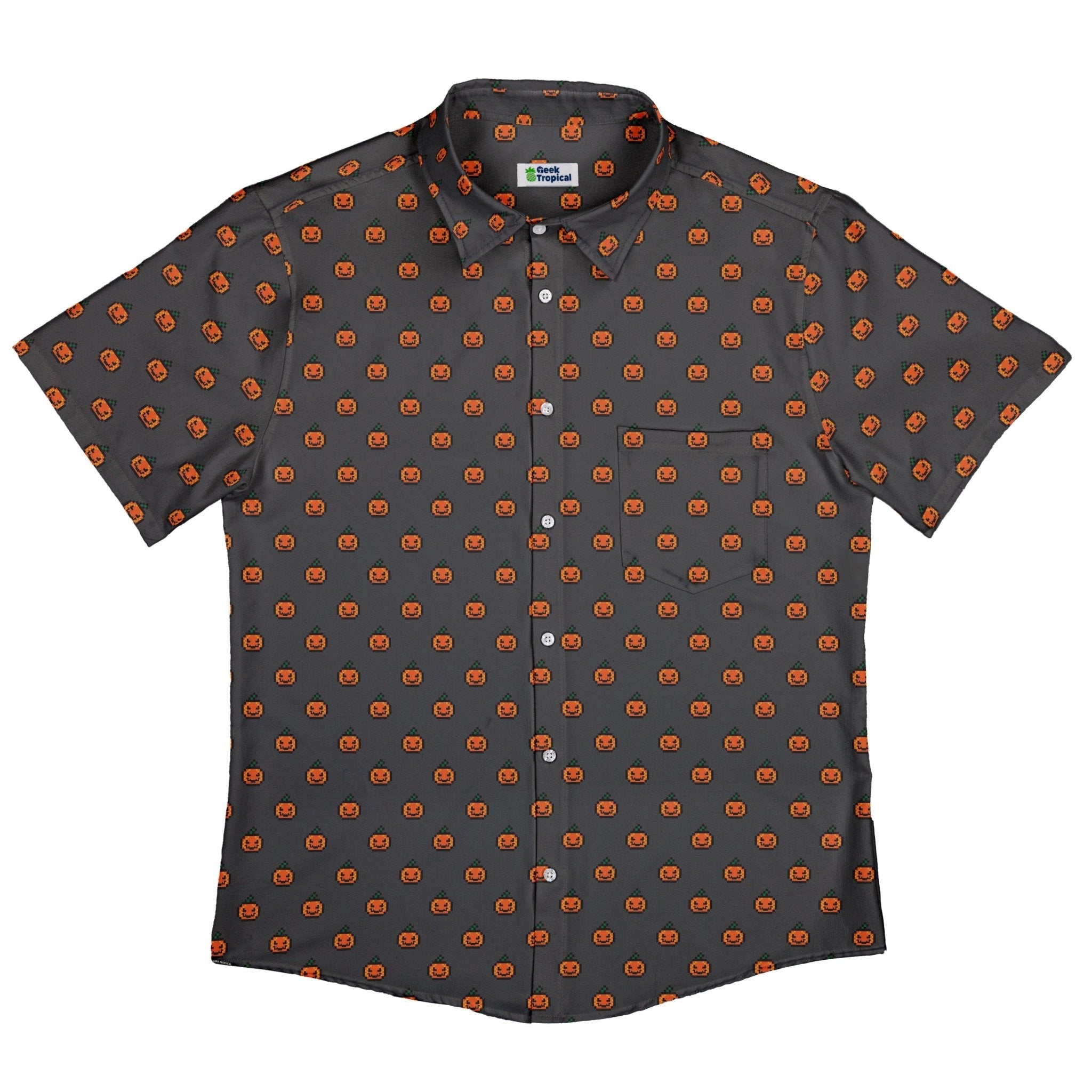 Pixel Pumpkins Button Up Shirt Geek Nerd adult sizing Design by Heather Davenport halloween