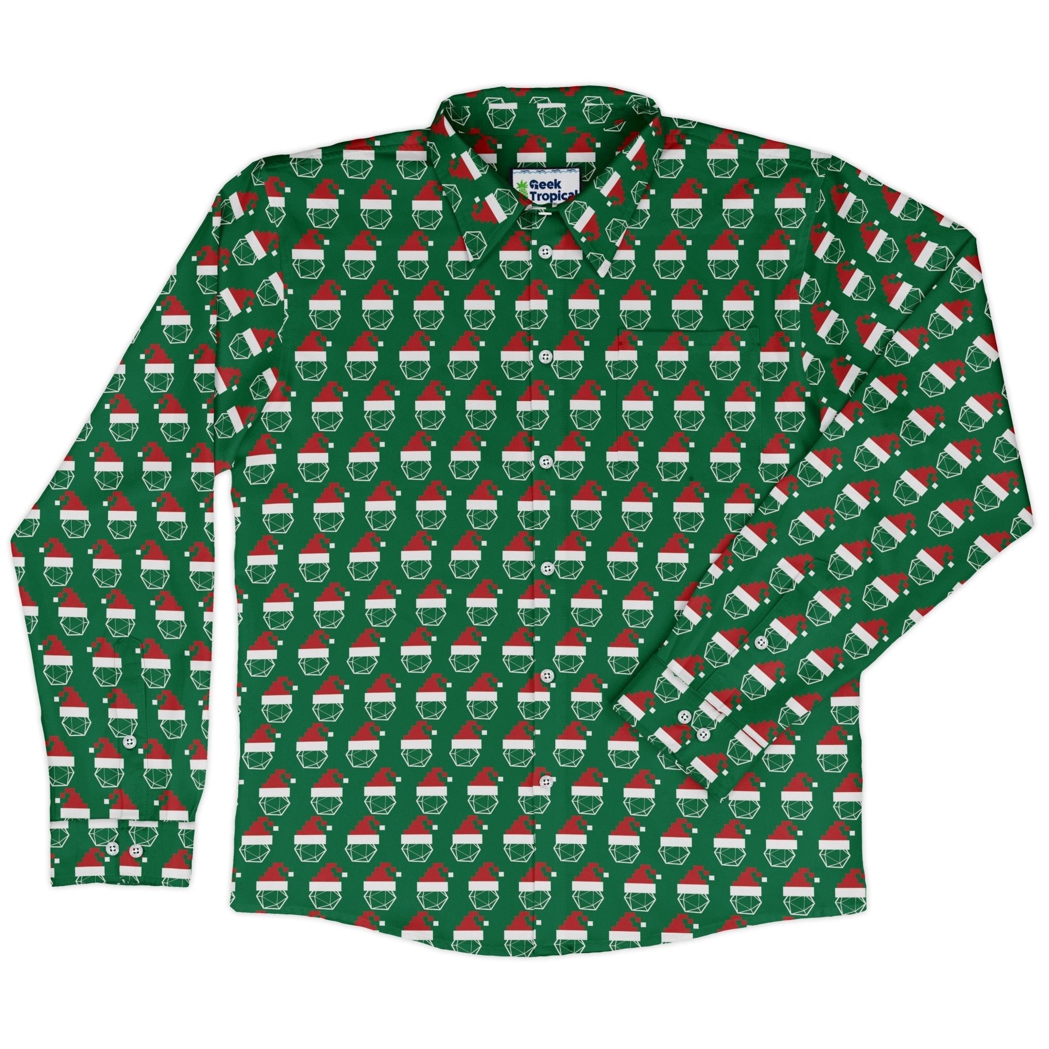 Pixel Santa Hats Dice Long Sleeve Button Up Shirt Geek Nerd adult sizing Christmas Print Design by Heather Davenport