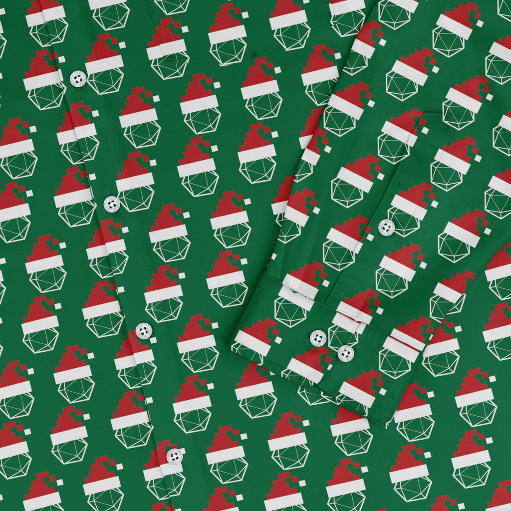 Pixel Santa Hats Dice Long Sleeve Button Up Shirt Geek Nerd adult sizing Christmas Print Design by Heather Davenport