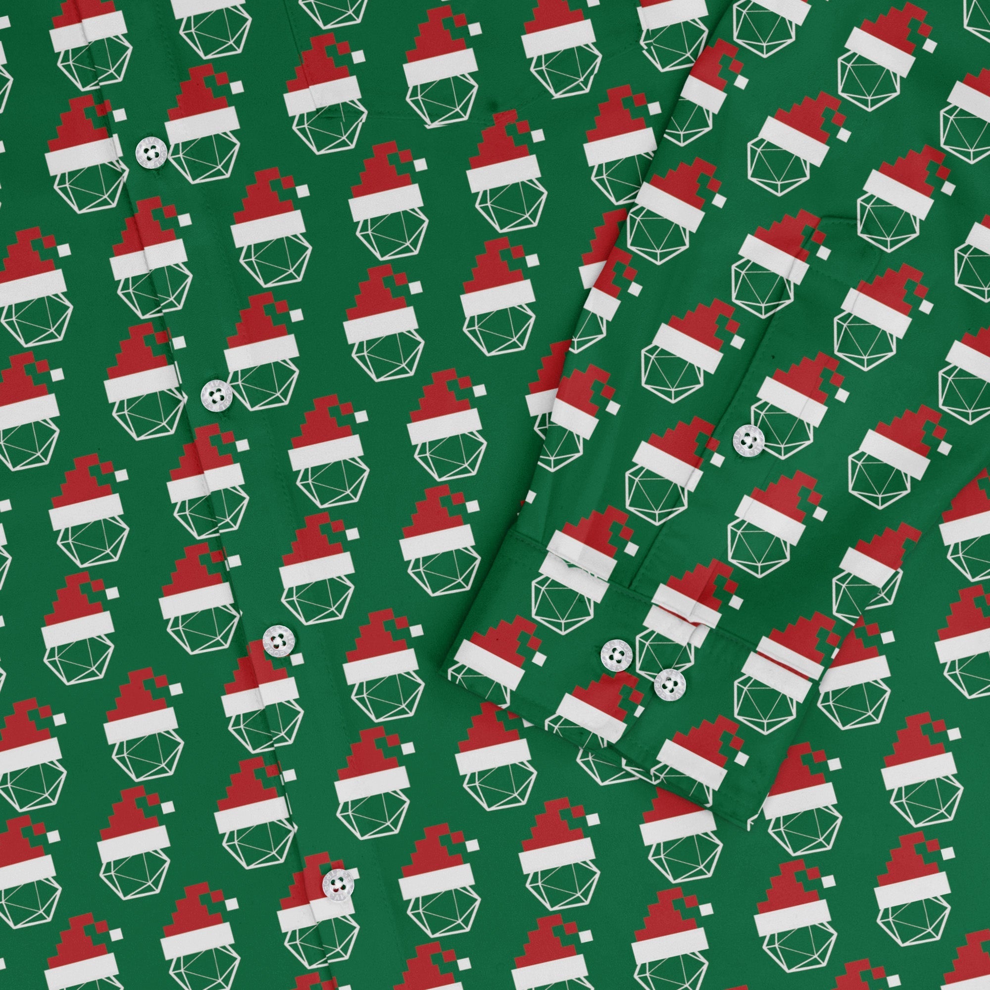Pixel Santa Hats Dice Long Sleeve Button Up Shirt Geek Nerd adult sizing Christmas Print Design by Heather Davenport