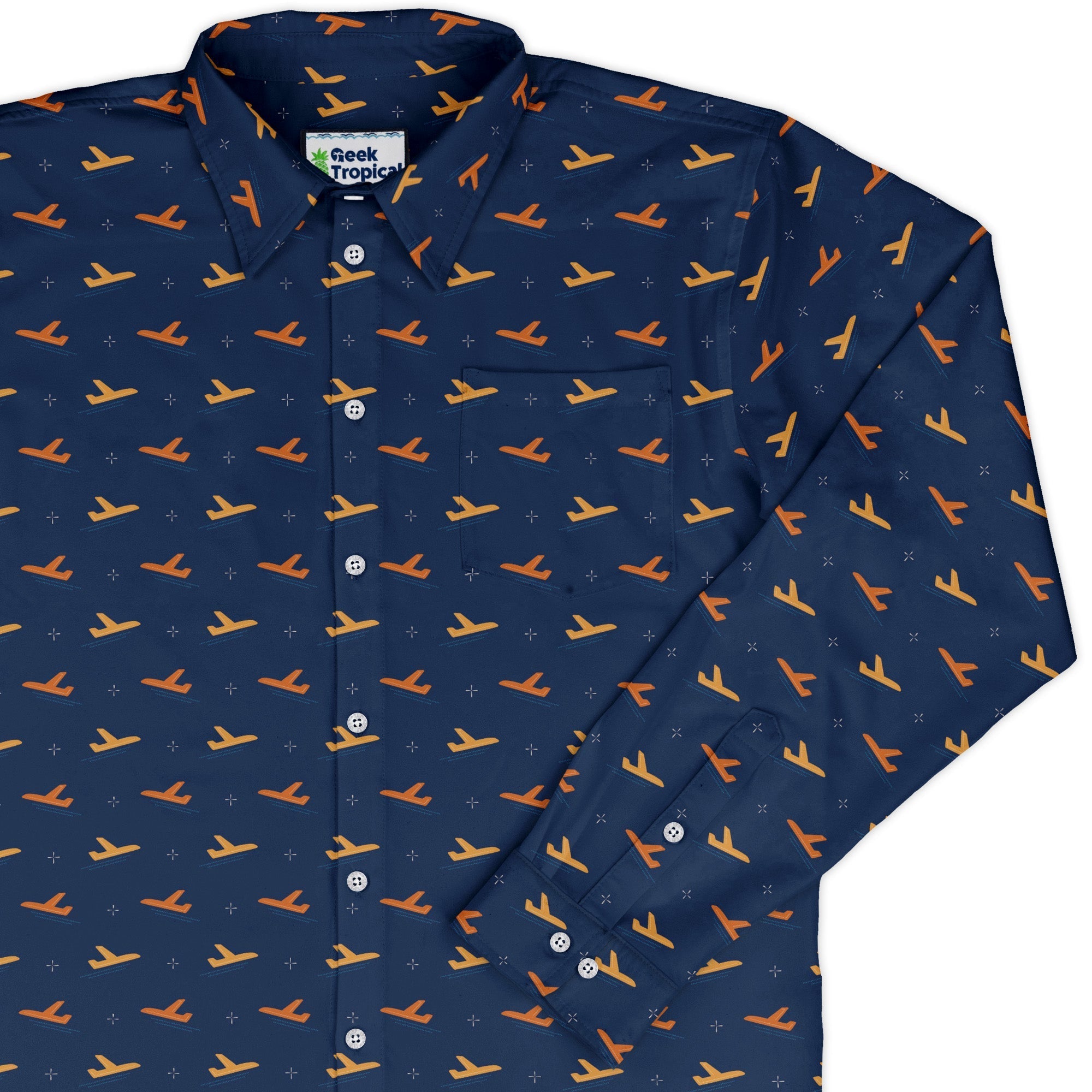 Plane Silhouette Long Sleeve Button Up Shirt Geek Nerd adult sizing aviation print Design by Zirkus Design