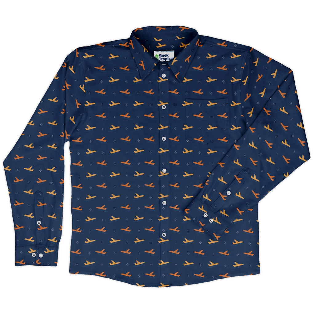 Plane Silhouette Long Sleeve Button Up Shirt Geek Nerd adult sizing aviation print Design by Zirkus Design