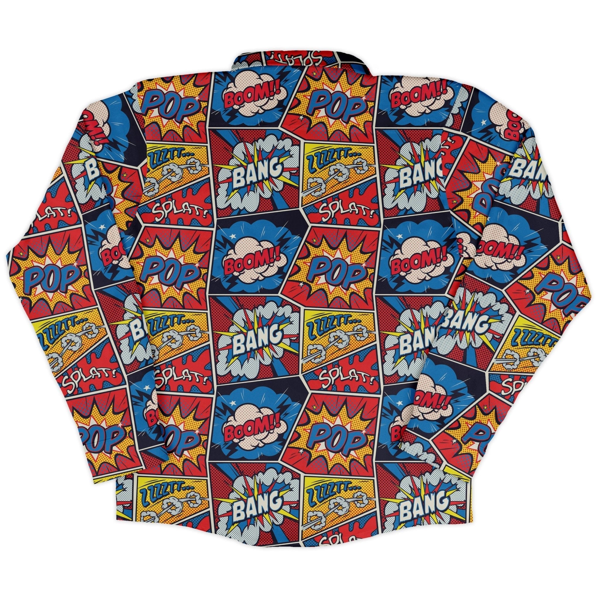 Pop Art Comic Book Red Long Sleeve Button Up Shirt Geek Nerd adult sizing FLOW DESC WRITING