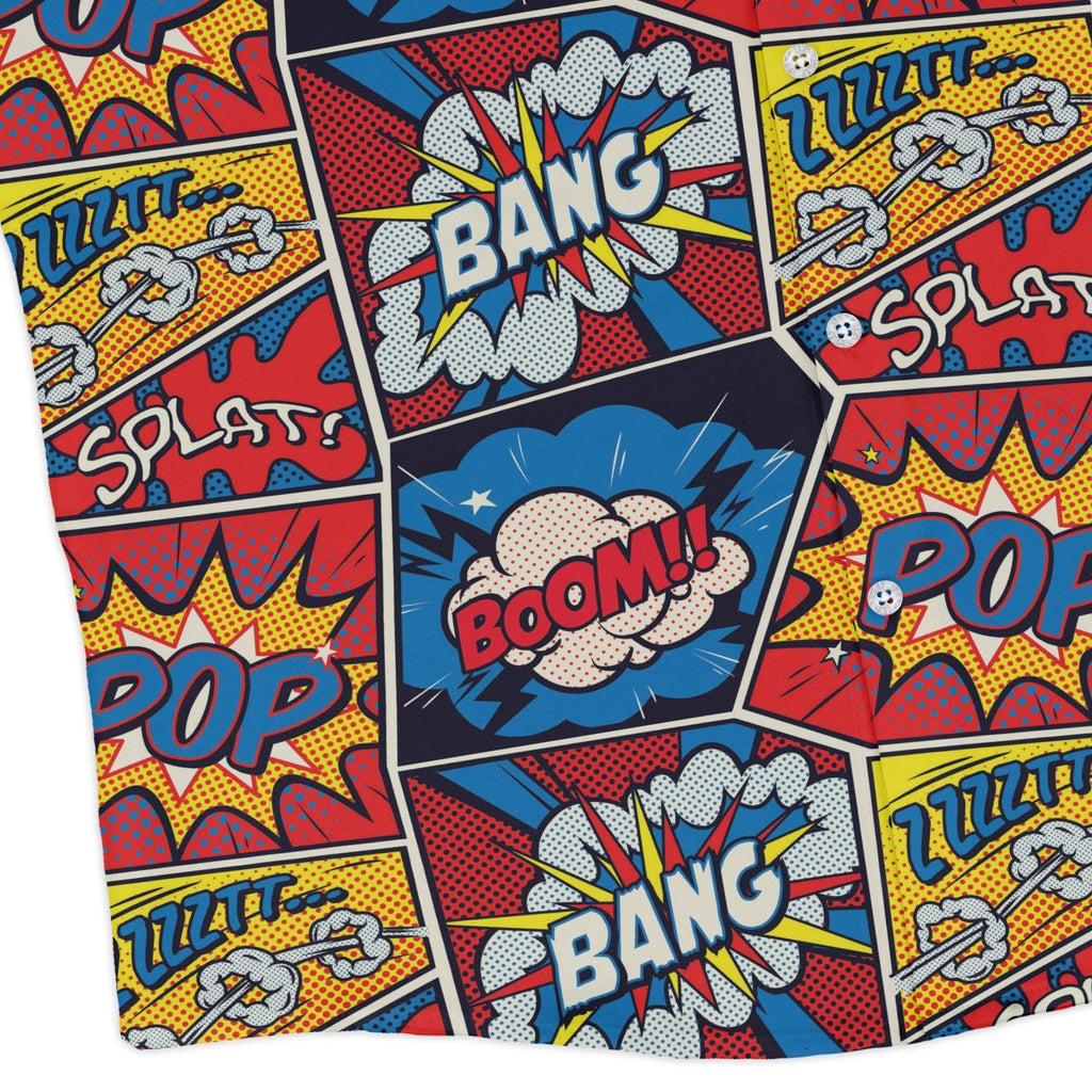 Pop Art Comic Book Red Long Sleeve Button Up Shirt Geek Nerd adult sizing FLOW DESC WRITING