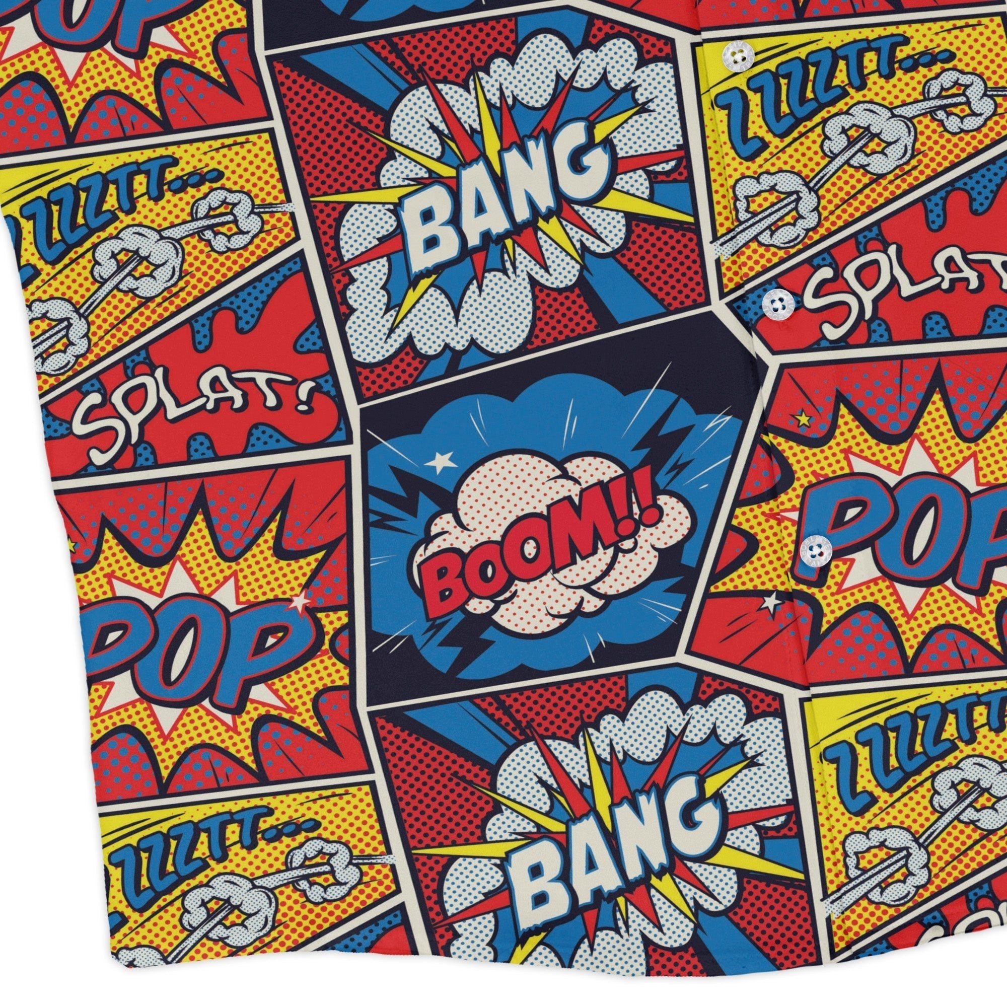 Pop Art Comic Book Red Long Sleeve Button Up Shirt Geek Nerd adult sizing FLOW DESC WRITING