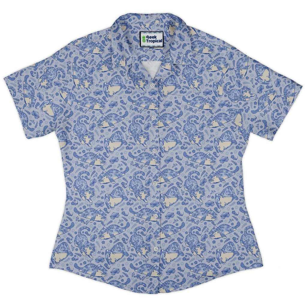 Porcelain Tigers Curvy Button Up Shirt Geek Nerd 0925 All Adult Button Up Shirts Animal Patterns