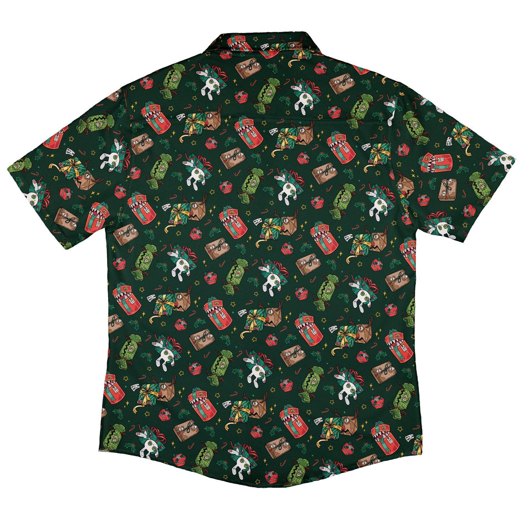 Present Mimics Green Button Up Shirt Geek Nerd adult sizing Christmas Print Design by Ardi Tong