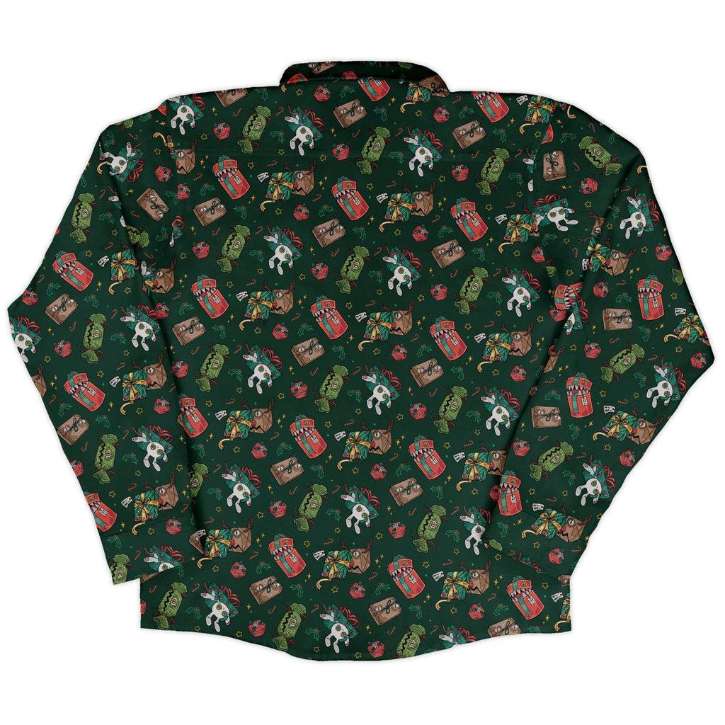 Present Mimics Green Long Sleeve Button Up Shirt Geek Nerd adult sizing Christmas Print Design by Ardi Tong