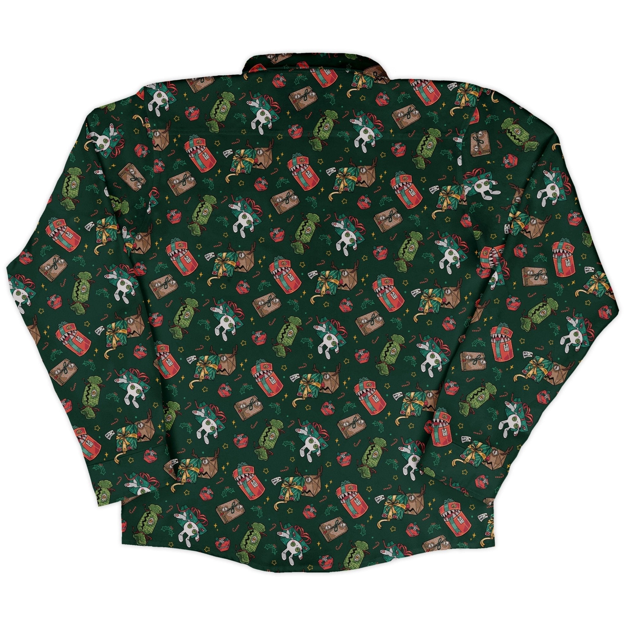 Present Mimics Green Long Sleeve Button Up Shirt Geek Nerd adult sizing Christmas Print Design by Ardi Tong