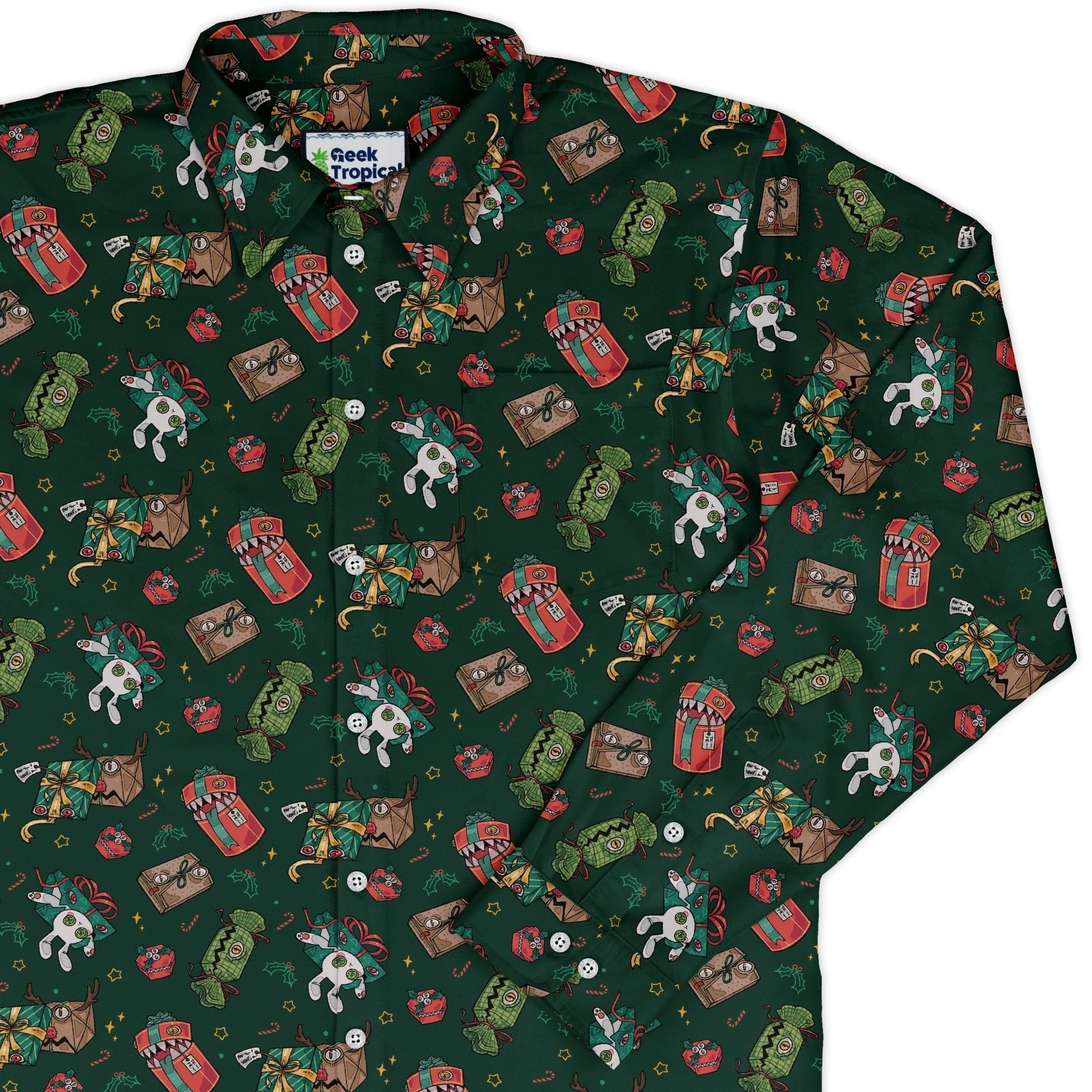 Present Mimics Green Long Sleeve Button Up Shirt Geek Nerd adult sizing Christmas Print Design by Ardi Tong