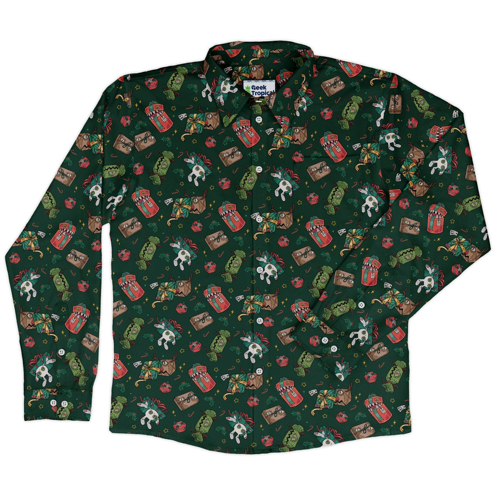 Present Mimics Green Long Sleeve Button Up Shirt Geek Nerd adult sizing Christmas Print Design by Ardi Tong