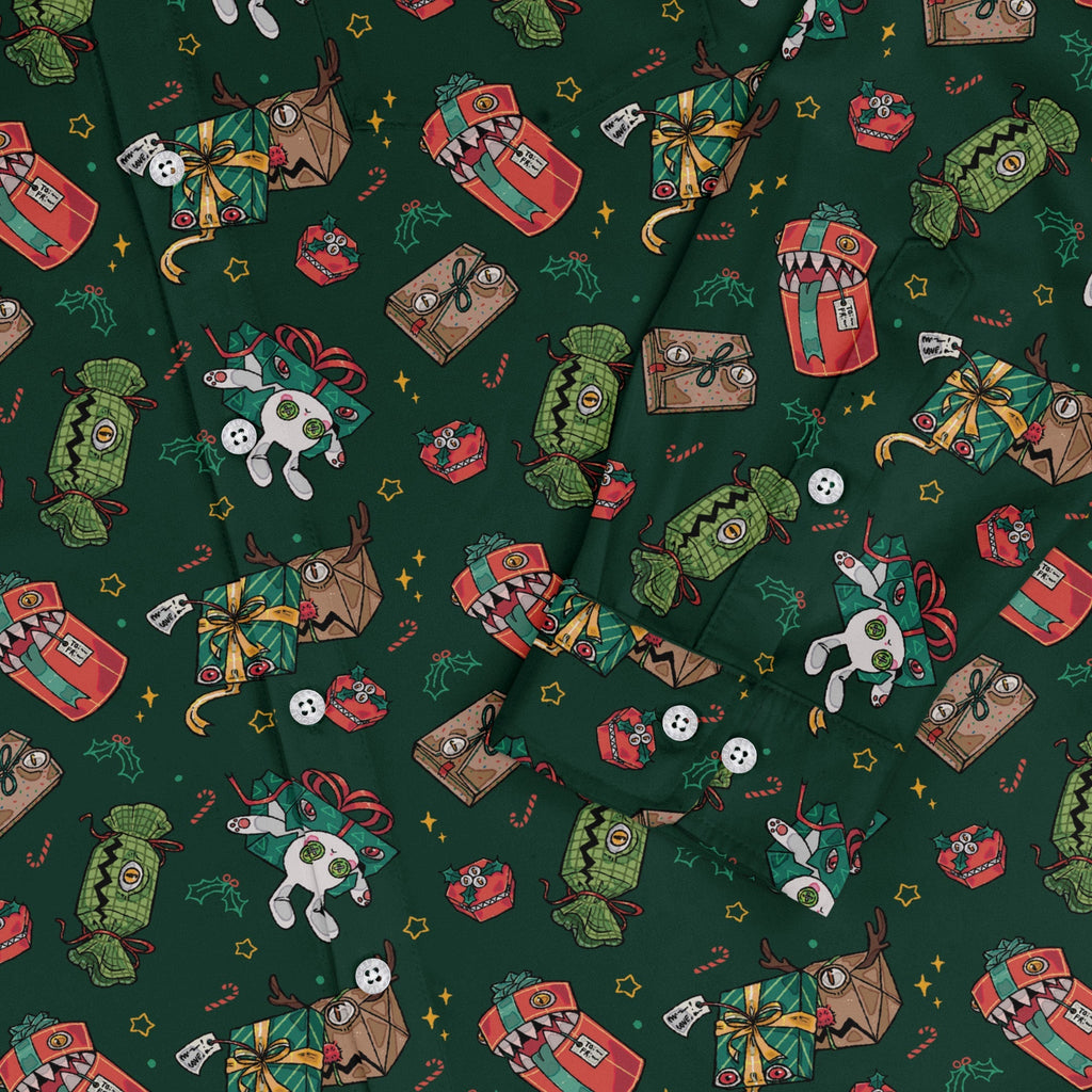 Present Mimics Green Long Sleeve Button Up Shirt Geek Nerd adult sizing Christmas Print Design by Ardi Tong