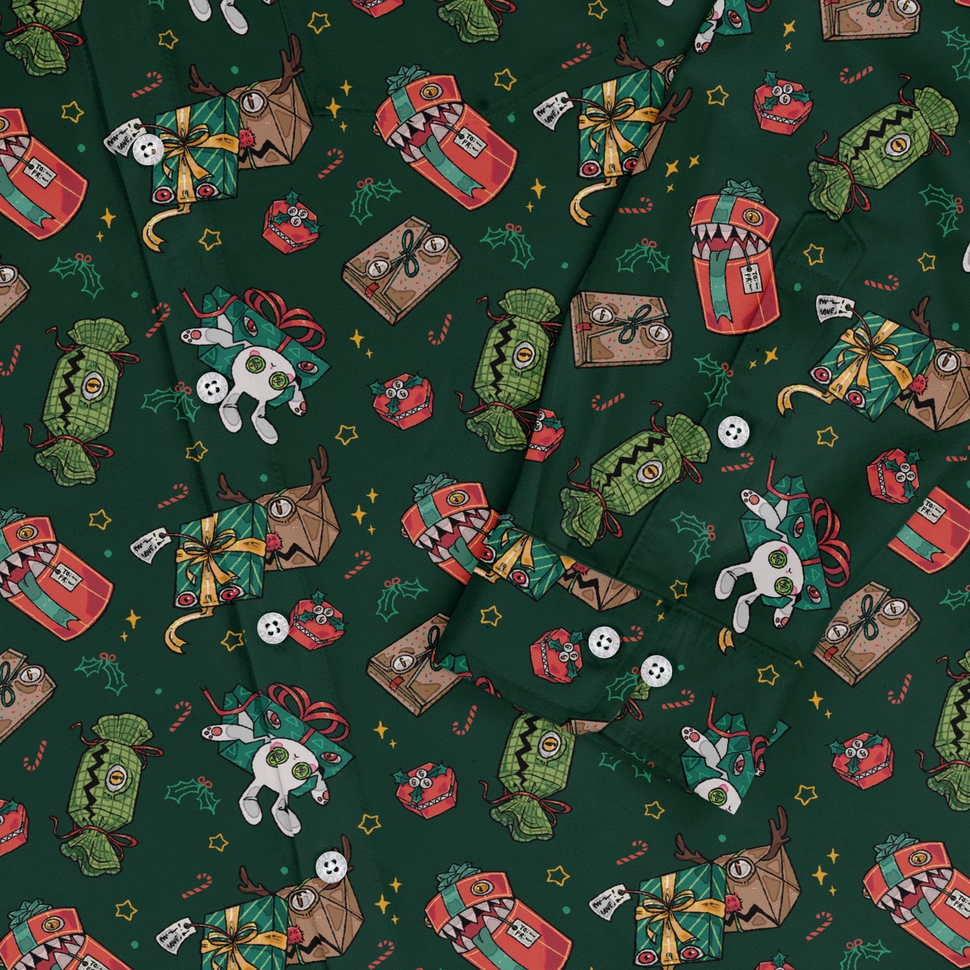 Present Mimics Green Long Sleeve Button Up Shirt Geek Nerd adult sizing Christmas Print Design by Ardi Tong