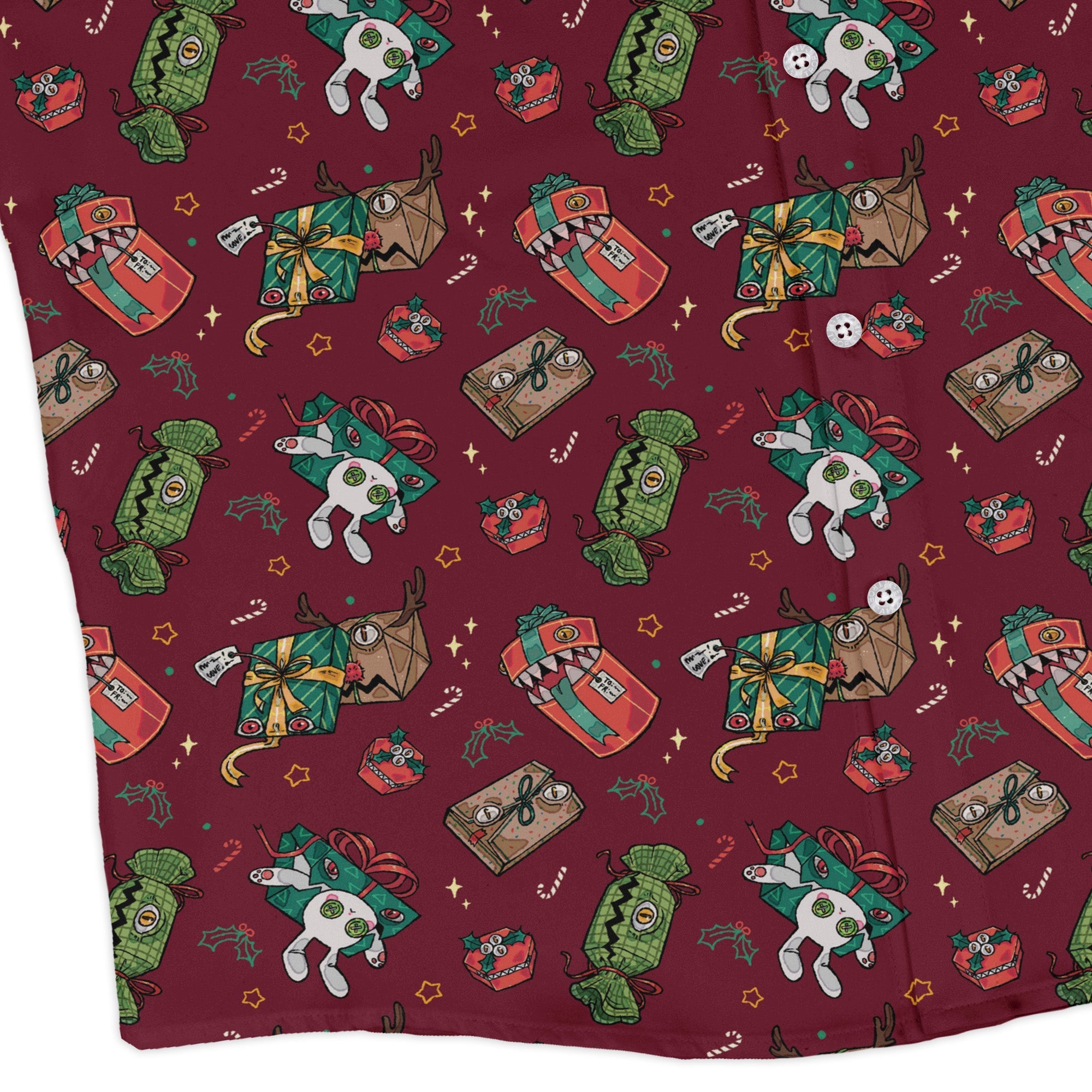 Present Mimics Red Long Sleeve Button Up Shirt Geek Nerd adult sizing Christmas Print Design by Ardi Tong