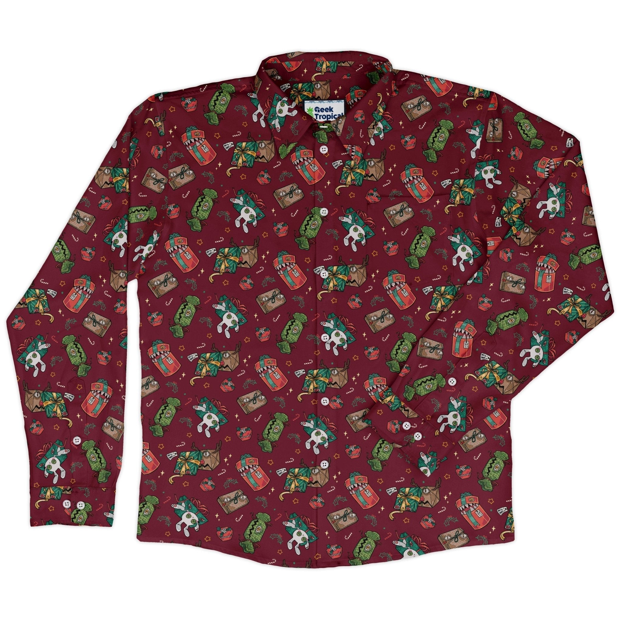Present Mimics Red Long Sleeve Button Up Shirt Geek Nerd adult sizing Christmas Print Design by Ardi Tong