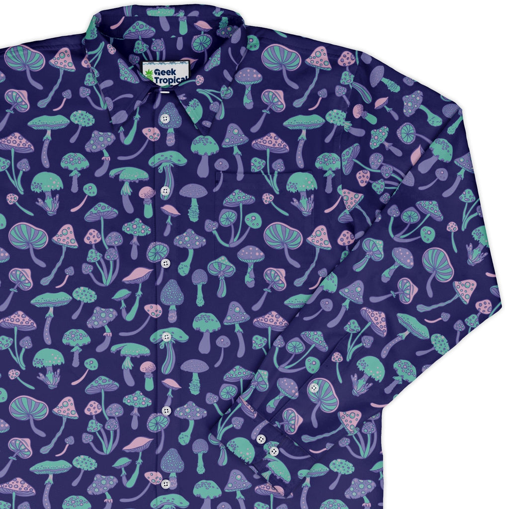 Psychedelic Mushrooms Long Sleeve Button Up Shirt Geek Nerd adult sizing Botany Print FLOW DESC WRITING