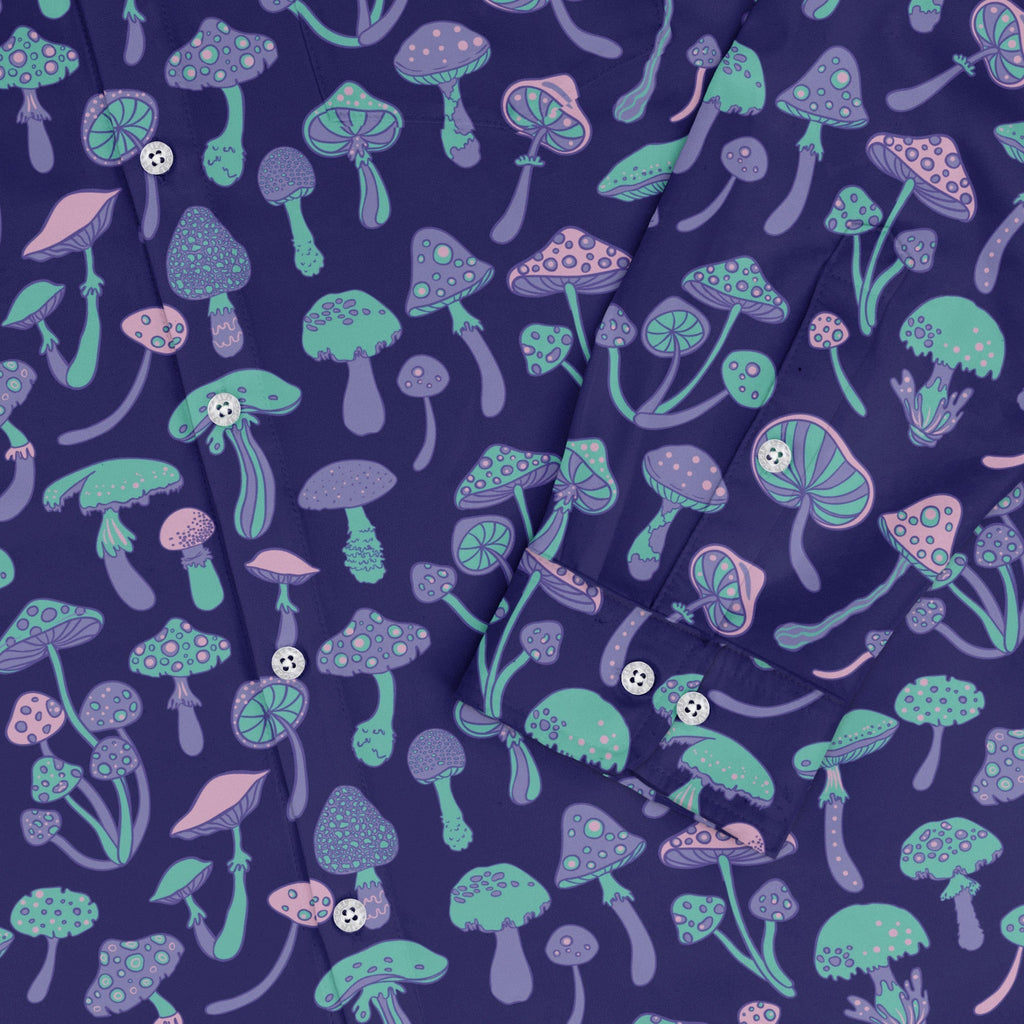 Psychedelic Mushrooms Long Sleeve Button Up Shirt Geek Nerd adult sizing Botany Print FLOW DESC WRITING