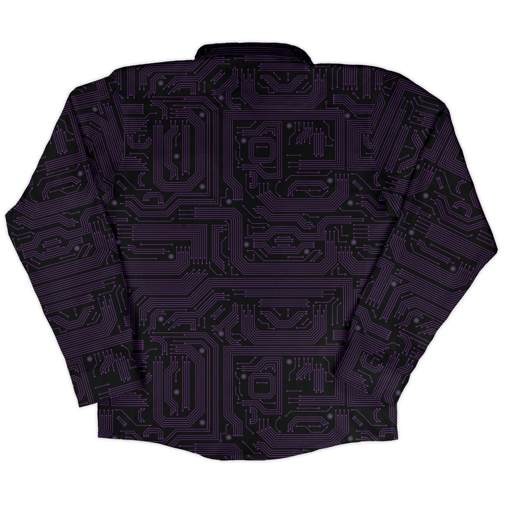Purple Computer Circuit Board Long Sleeve Button Up Shirt Geek Nerd adult sizing computer print FLOW DESC WRITING