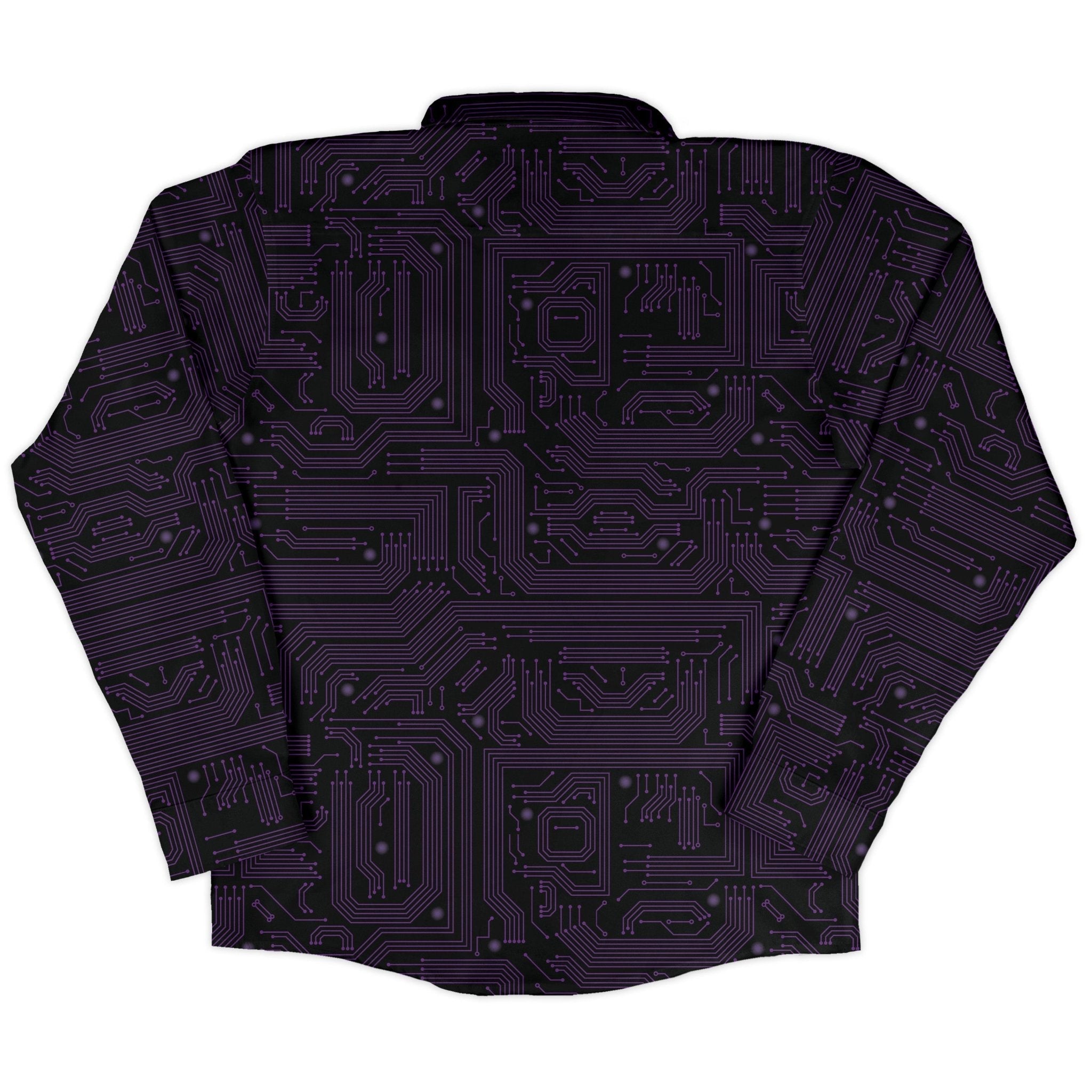 Purple Computer Circuit Board Long Sleeve Button Up Shirt Geek Nerd adult sizing computer print FLOW DESC WRITING