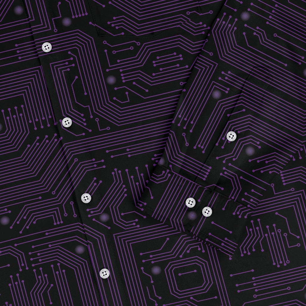 Purple Computer Circuit Board Long Sleeve Button Up Shirt Geek Nerd adult sizing computer print FLOW DESC WRITING
