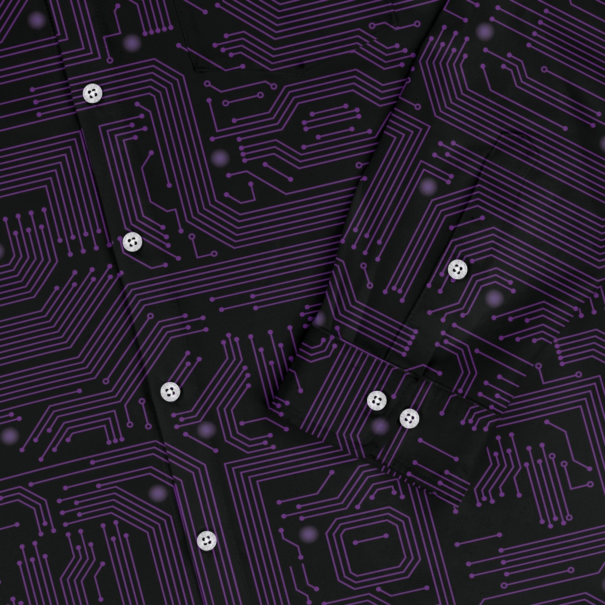 Purple Computer Circuit Board Long Sleeve Button Up Shirt Geek Nerd adult sizing computer print FLOW DESC WRITING