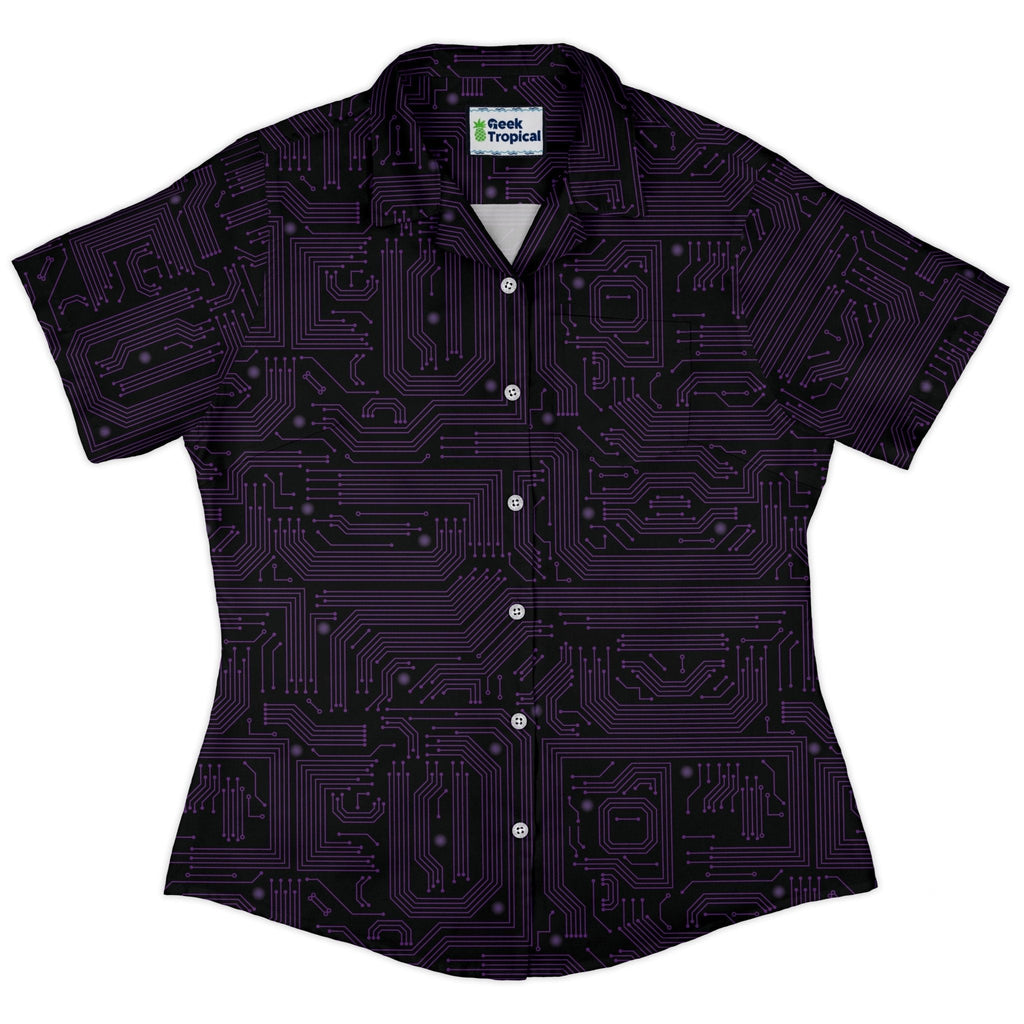 Purple Computer Circuit Board Curvy Button Up Shirt Geek Nerd computer print women