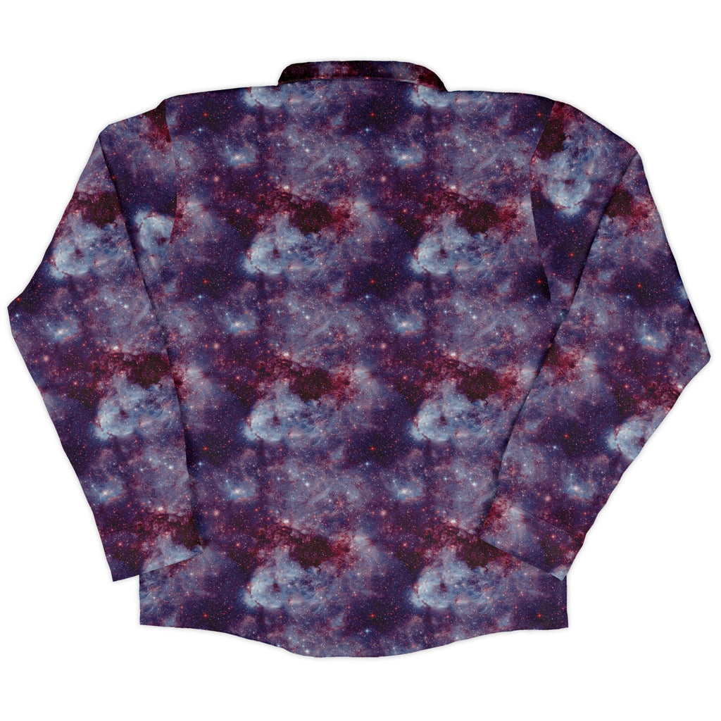 Purple Nebula Space Long Sleeve Button Up Shirt Geek Nerd adult sizing FLOW DESC WRITING outer space & astronaut print