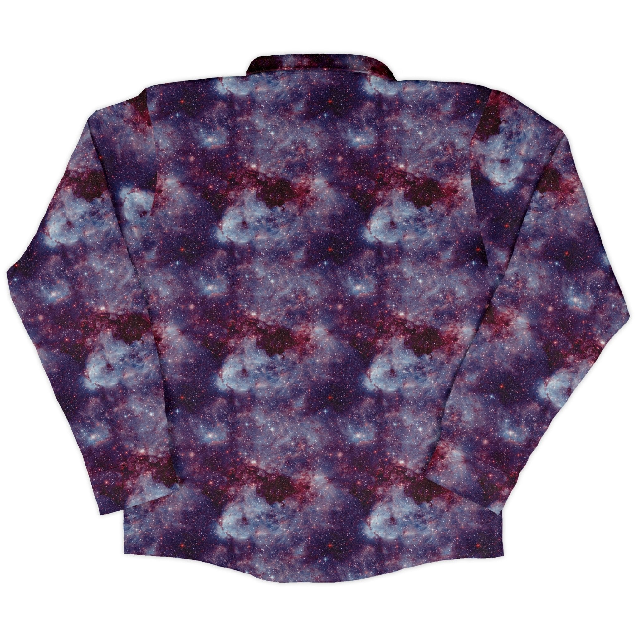 Purple Nebula Space Long Sleeve Button Up Shirt Geek Nerd adult sizing FLOW DESC WRITING outer space & astronaut print