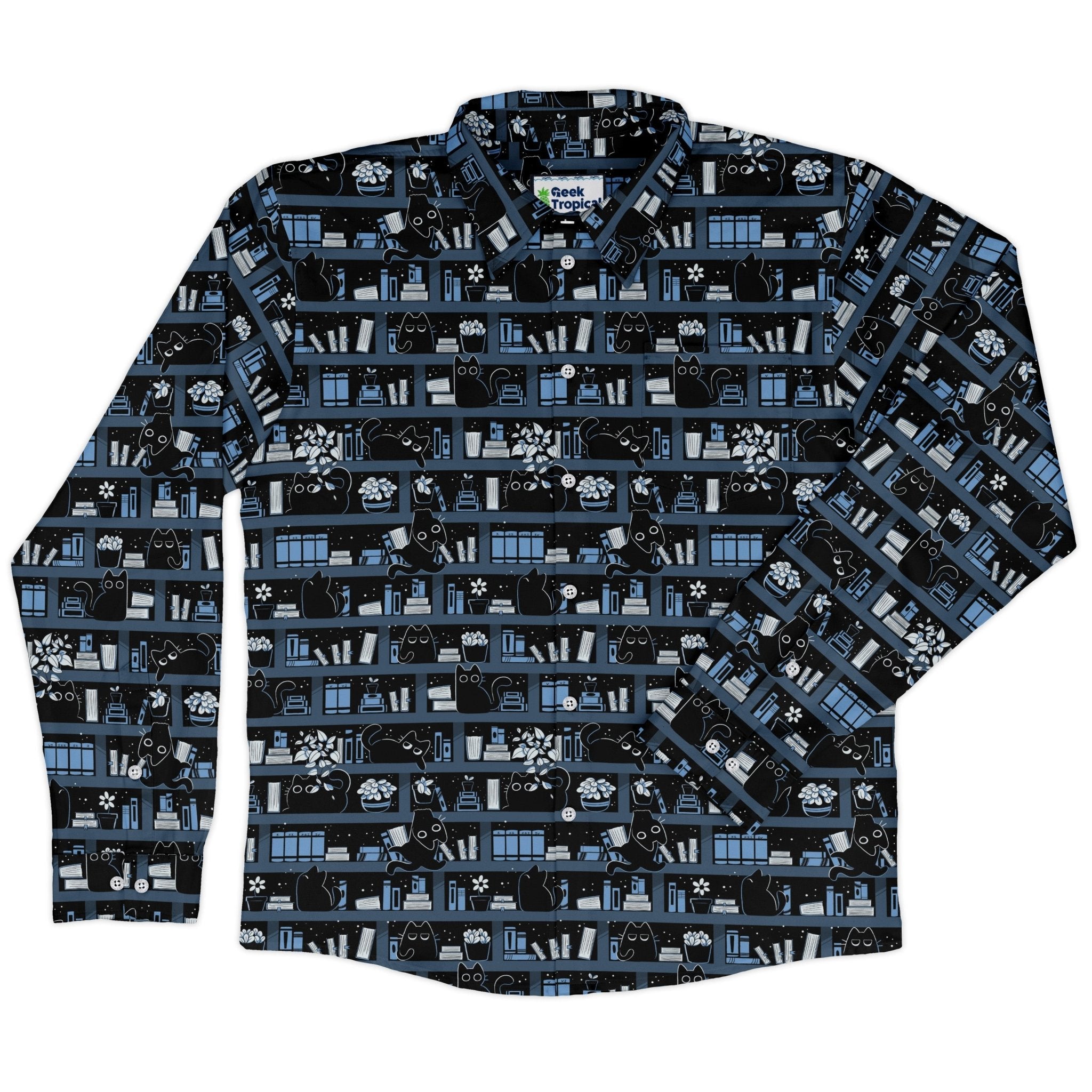 Purrrfect Library Long Sleeve Button Up Shirt Geek Nerd 0925 adult sizing All Adult Button Up Shirts