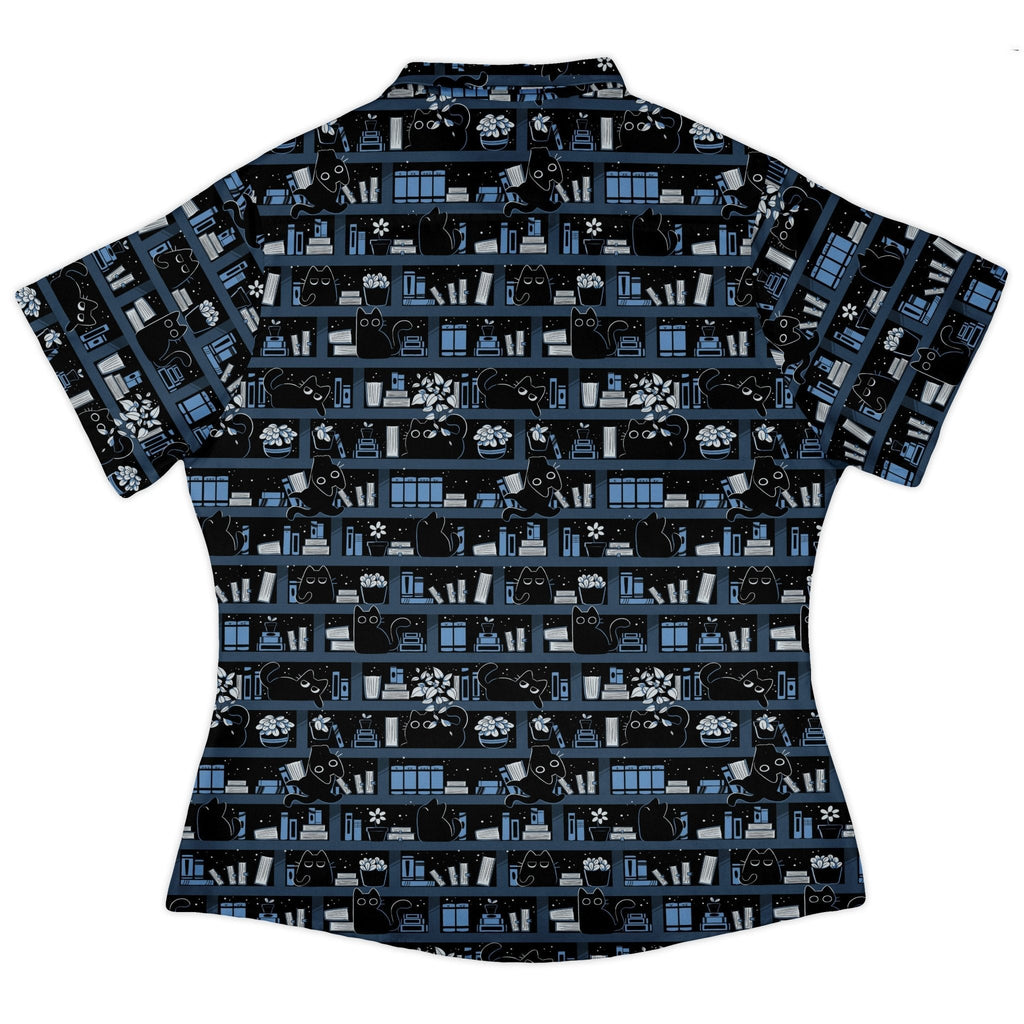 Purrrfect Library Curvy Button Up Shirt Geek Nerd 0925 All Adult Button Up Shirts Animal Patterns