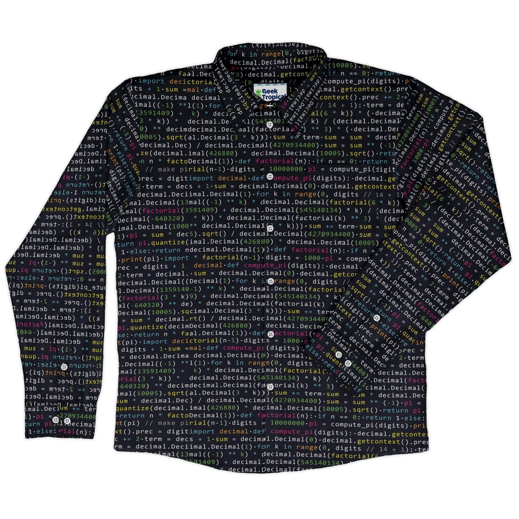 Python Pi Long Sleeve Button Up Shirt Geek Nerd adult sizing computer print FLOW DESC WRITING