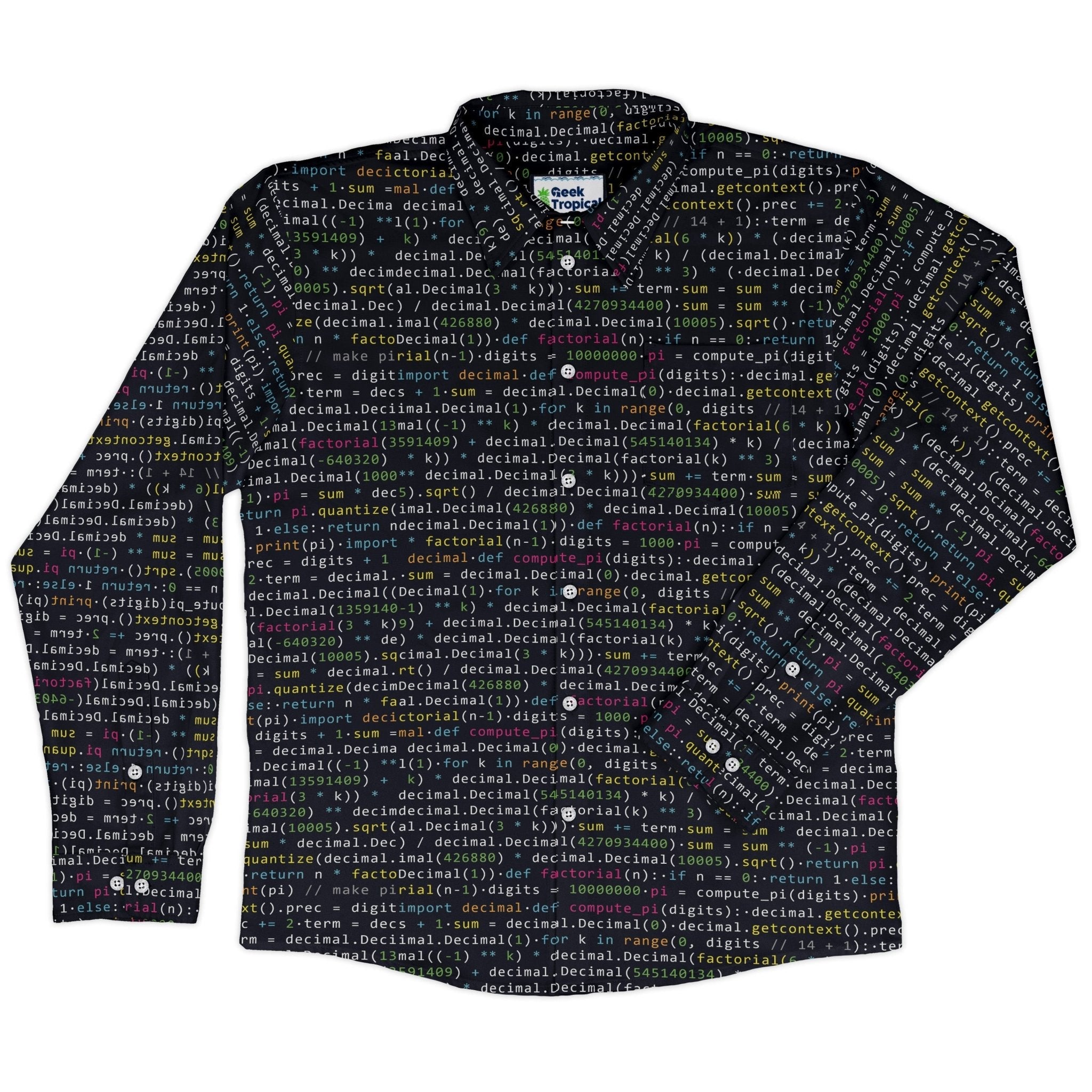 Python Pi Long Sleeve Button Up Shirt Geek Nerd adult sizing computer print FLOW DESC WRITING
