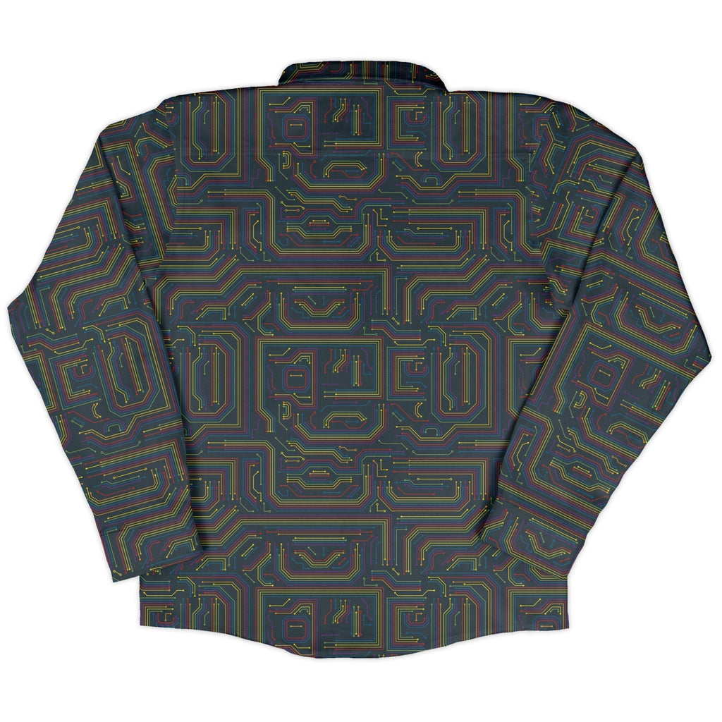 Rainbow Computer Circuit Board Long Sleeve Button Up Shirt Geek Nerd adult sizing computer print FLOW DESC WRITING