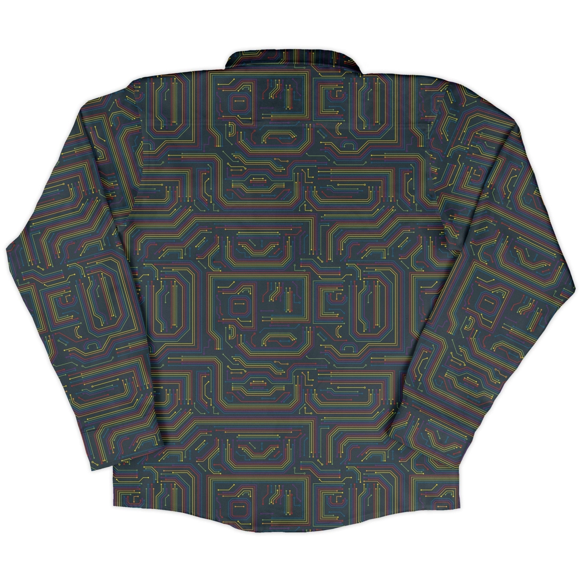 Rainbow Computer Circuit Board Long Sleeve Button Up Shirt Geek Nerd adult sizing computer print FLOW DESC WRITING
