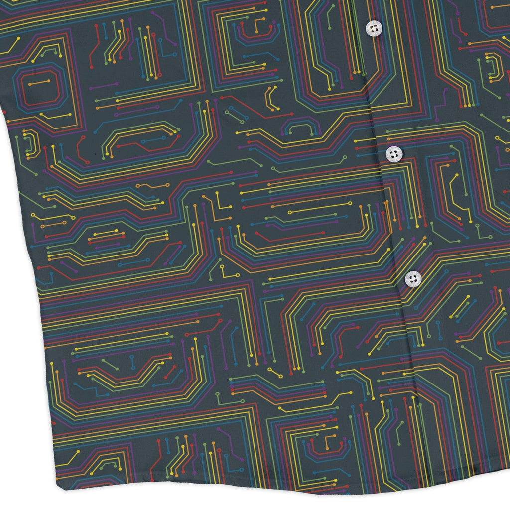 Rainbow Computer Circuit Board Long Sleeve Button Up Shirt Geek Nerd adult sizing computer print FLOW DESC WRITING
