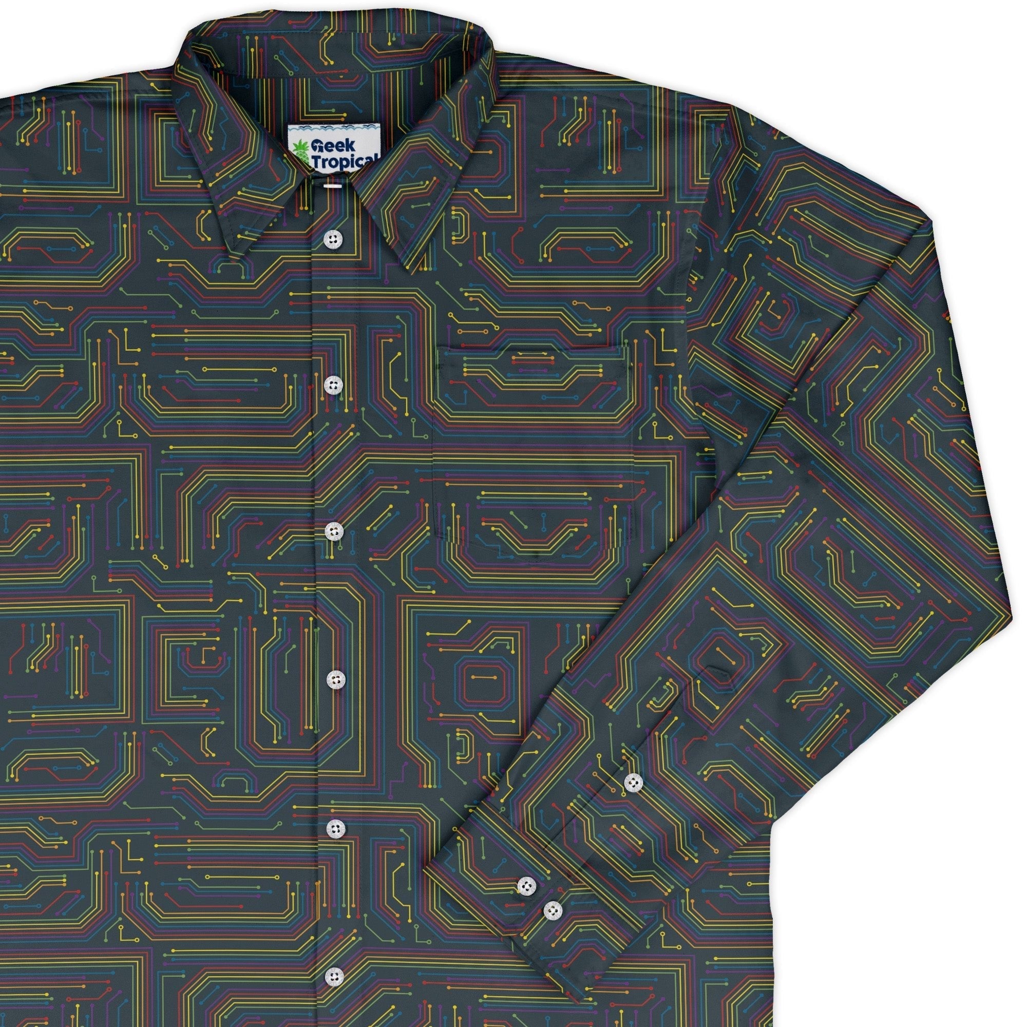 Rainbow Computer Circuit Board Long Sleeve Button Up Shirt Geek Nerd adult sizing computer print FLOW DESC WRITING