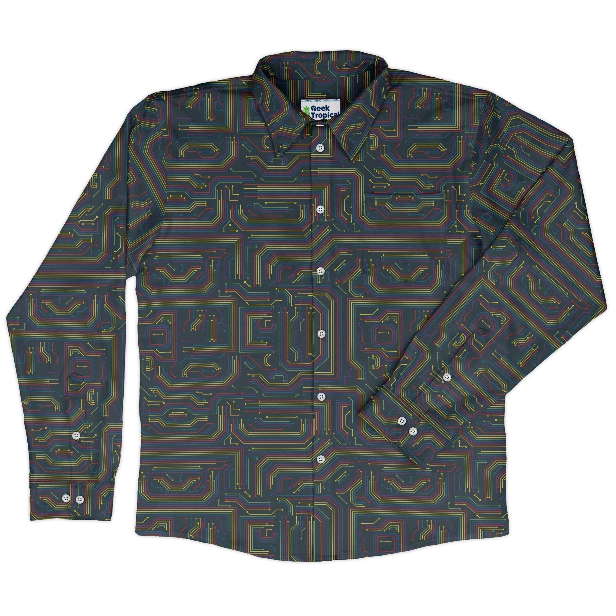 Rainbow Computer Circuit Board Long Sleeve Button Up Shirt Geek Nerd adult sizing computer print FLOW DESC WRITING