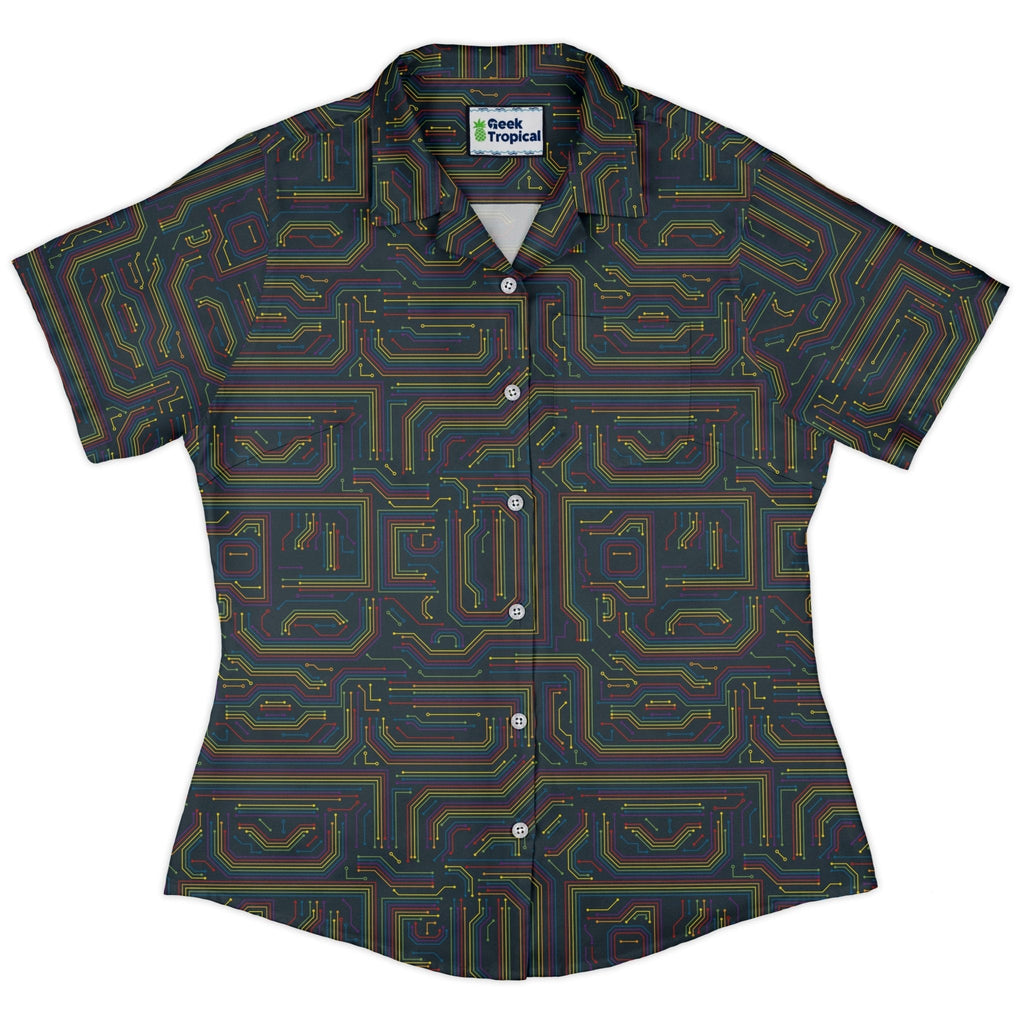 Rainbow Computer Circuit Board Curvy Button Up Shirt Geek Nerd computer print Pride Patterns women