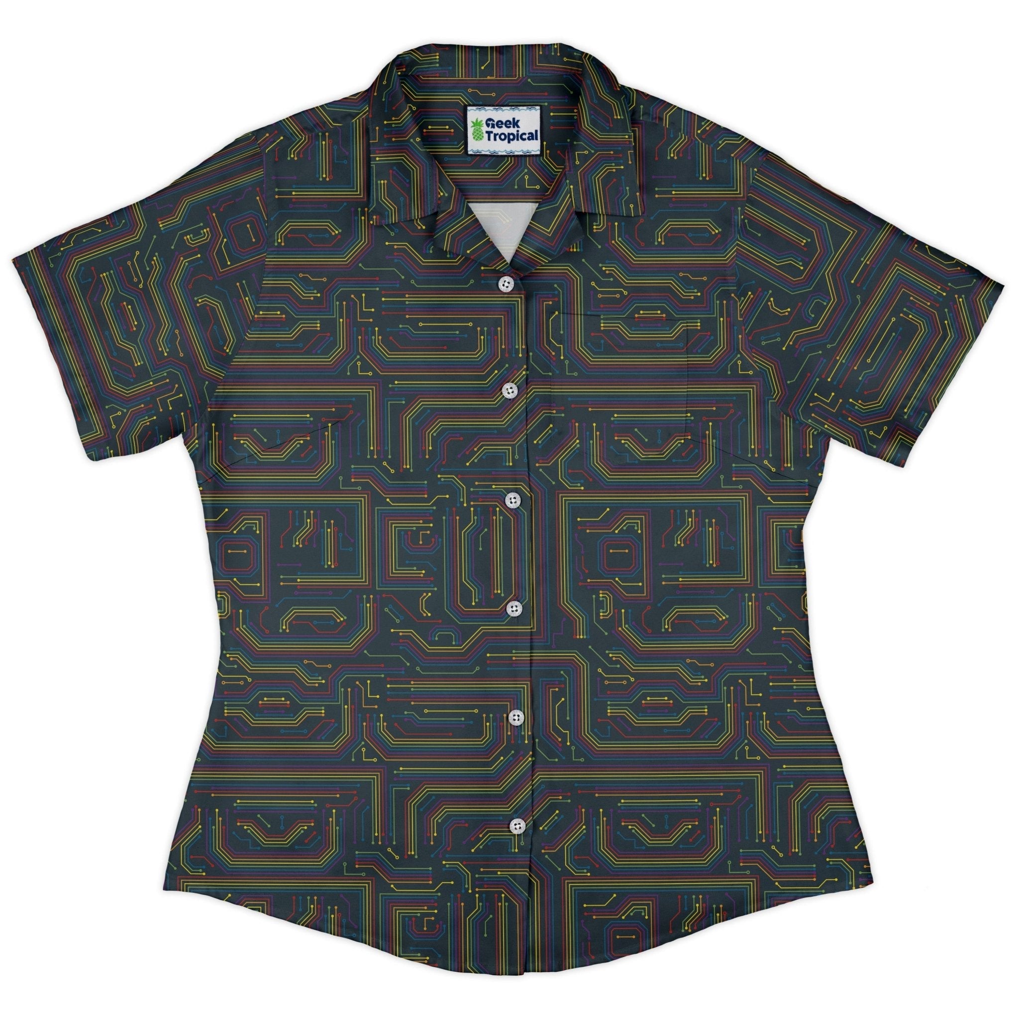 Rainbow Computer Circuit Board Curvy Button Up Shirt Geek Nerd computer print Pride Patterns women