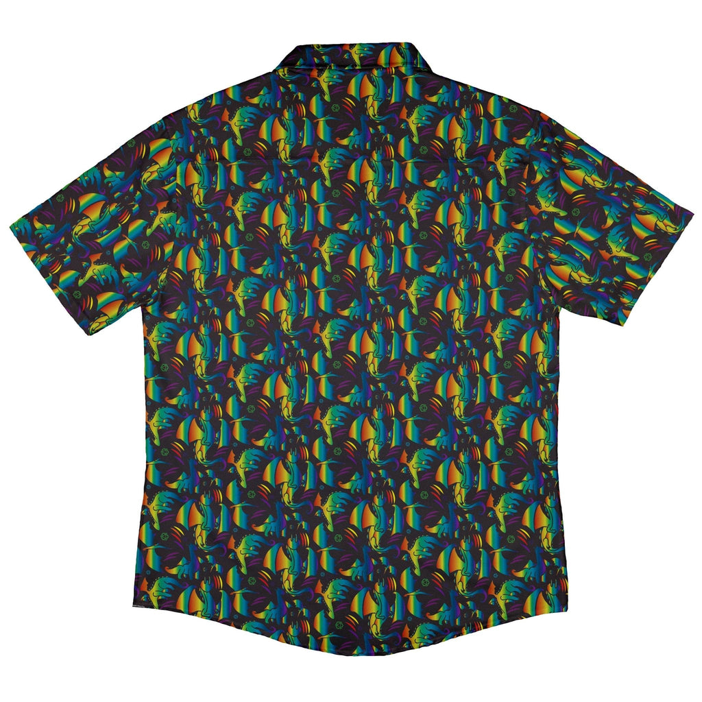 Rainbow Dragons DND Dice Black Button Up Shirt - adult sizing - Animal Patterns - Design by Heather Davenport