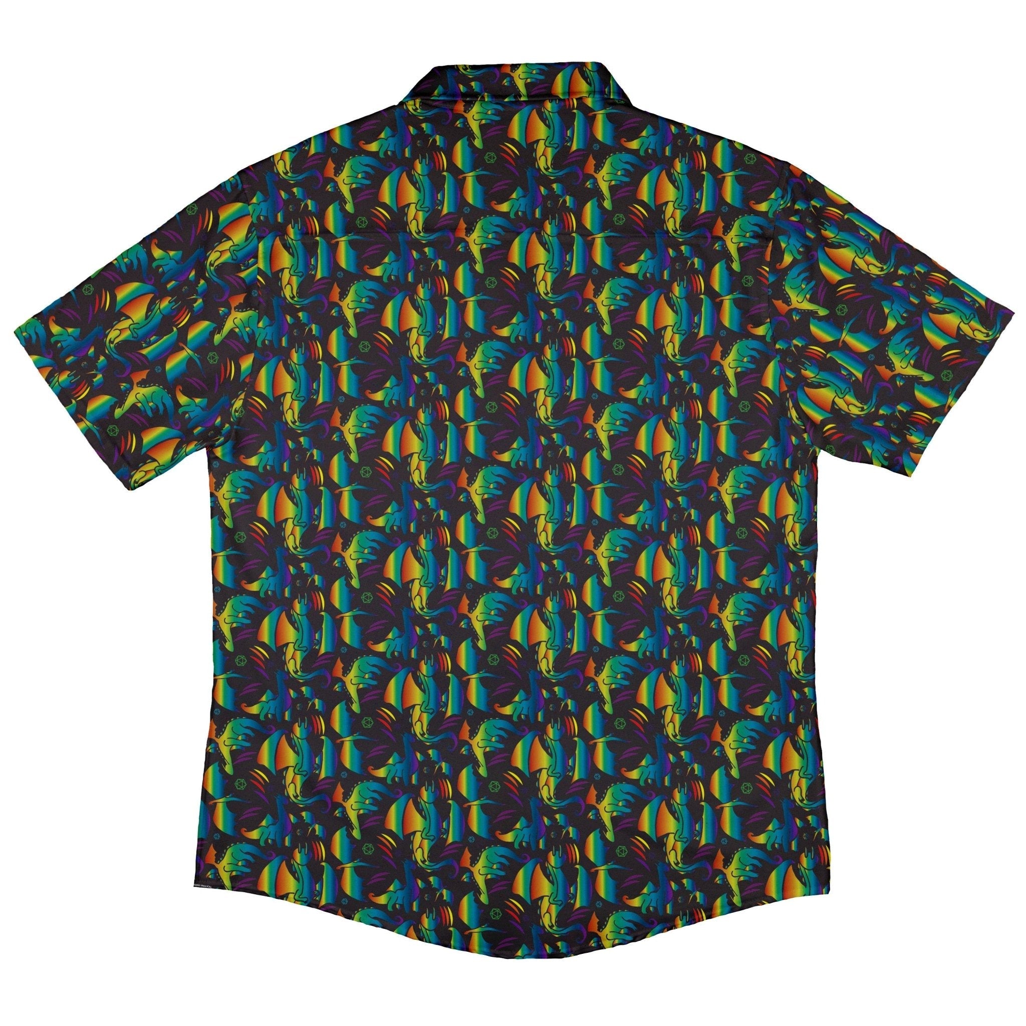 Rainbow Dragons DND Dice Black Button Up Shirt - adult sizing - Animal Patterns - Design by Heather Davenport