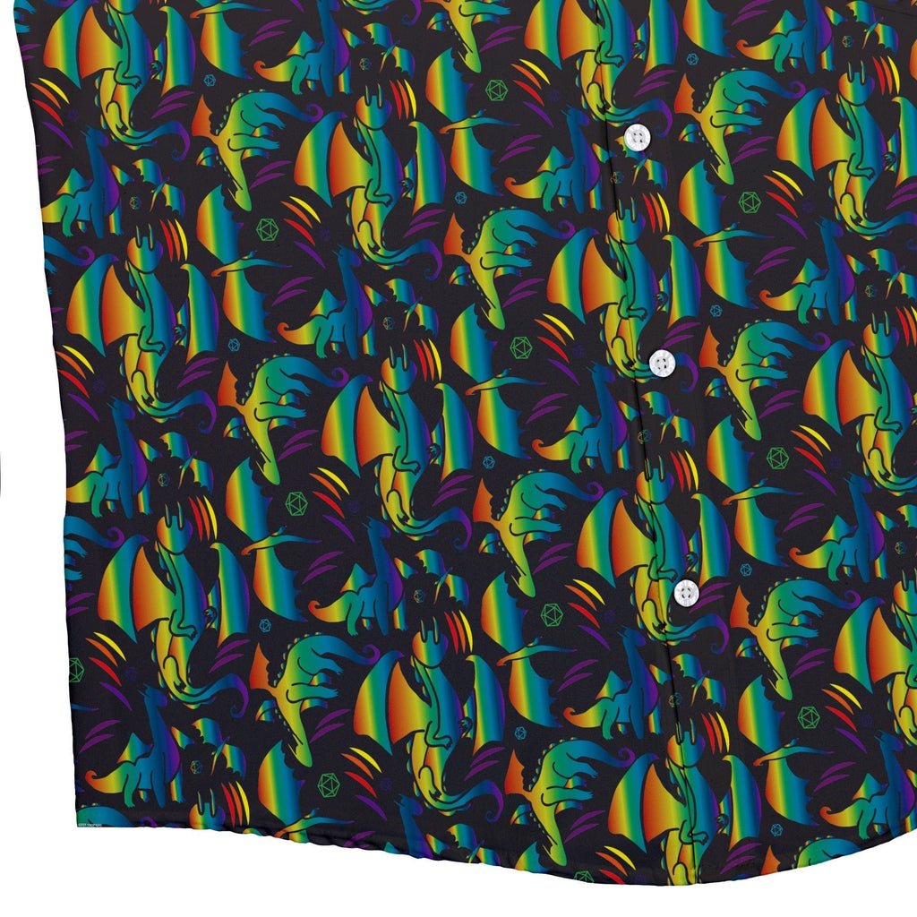 Rainbow Dragons DND Dice Black Button Up Shirt - adult sizing - Animal Patterns - Design by Heather Davenport