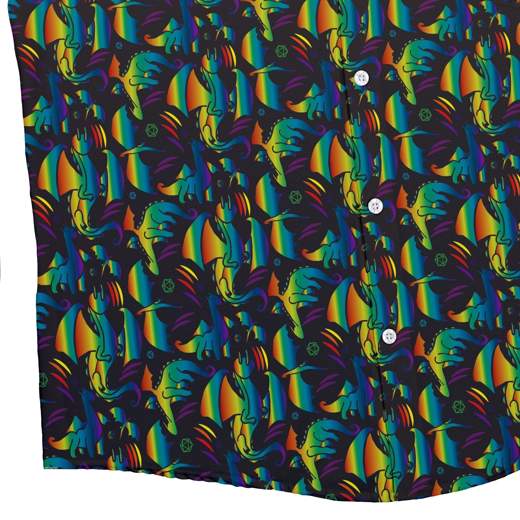 Rainbow Dragons DND Dice Black Button Up Shirt - adult sizing - Animal Patterns - Design by Heather Davenport
