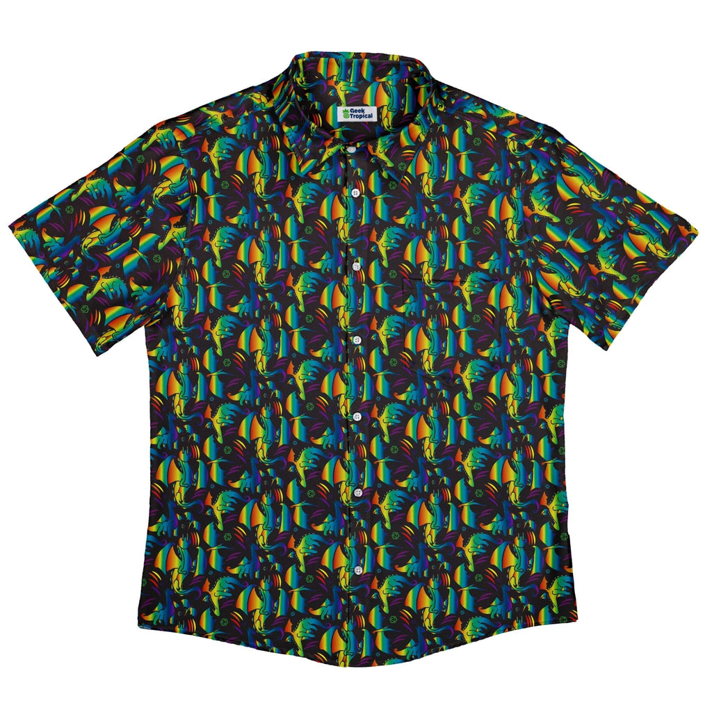 Rainbow Dragons DND Dice Black Button Up Shirt - adult sizing - Animal Patterns - Design by Heather Davenport
