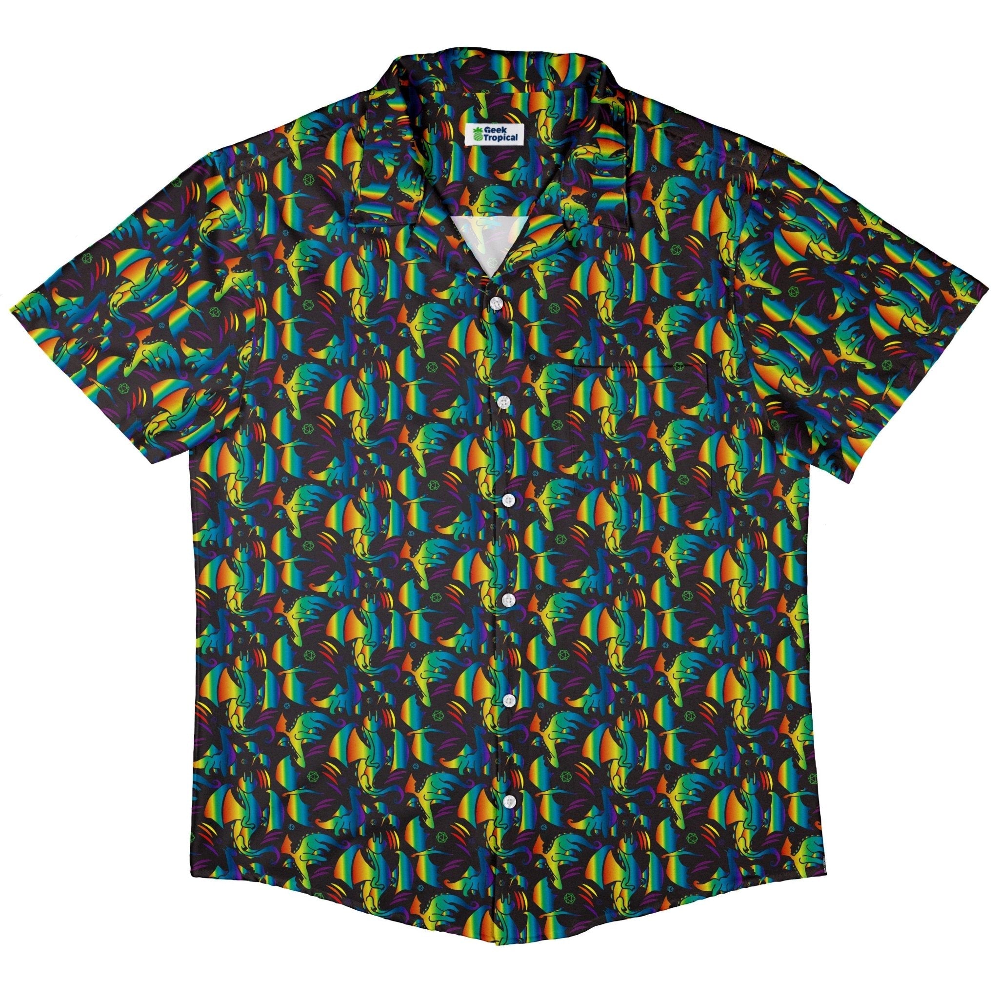 Rainbow Dragons DND Dice Black Button Up Shirt - adult sizing - Animal Patterns - Design by Heather Davenport