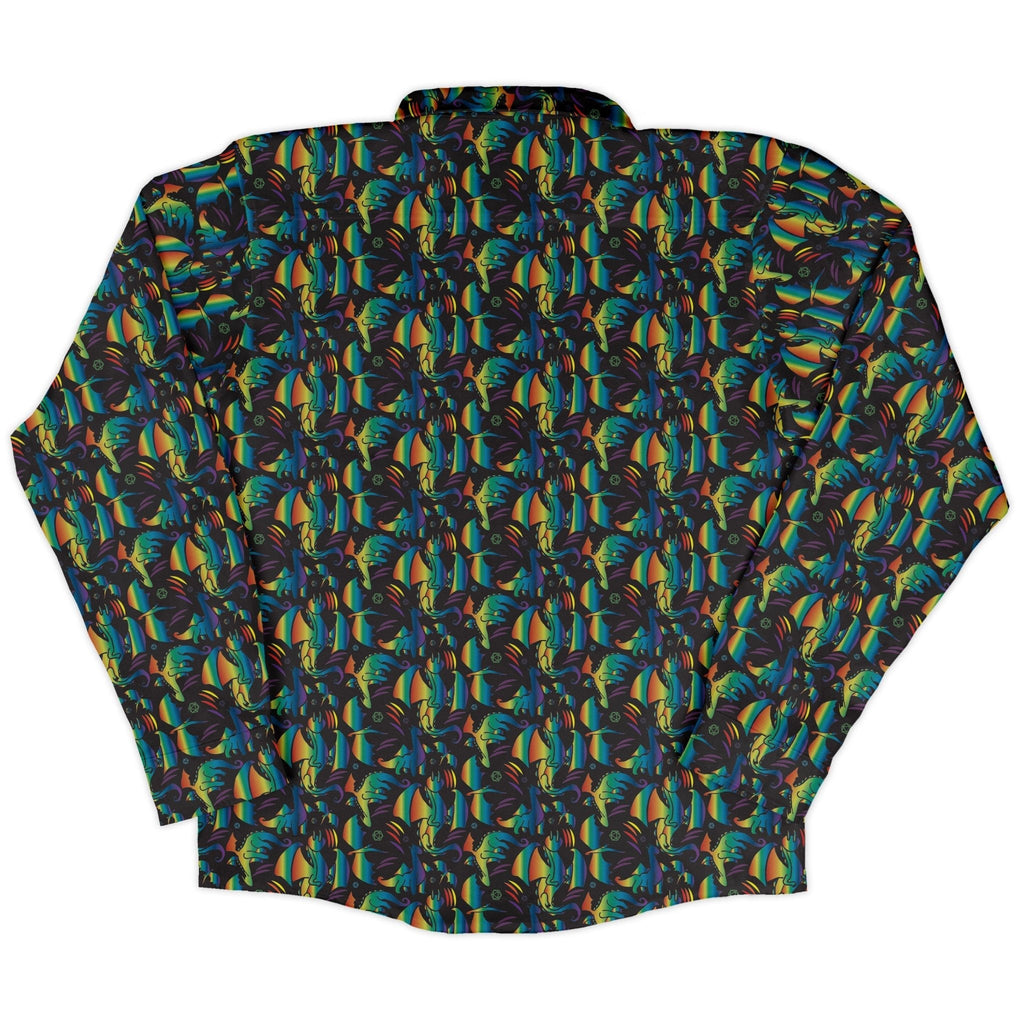Rainbow Dragons Dnd Dice Black Long Sleeve Button Up Shirt Geek Nerd adult sizing Animal Patterns Design by Heather Davenport